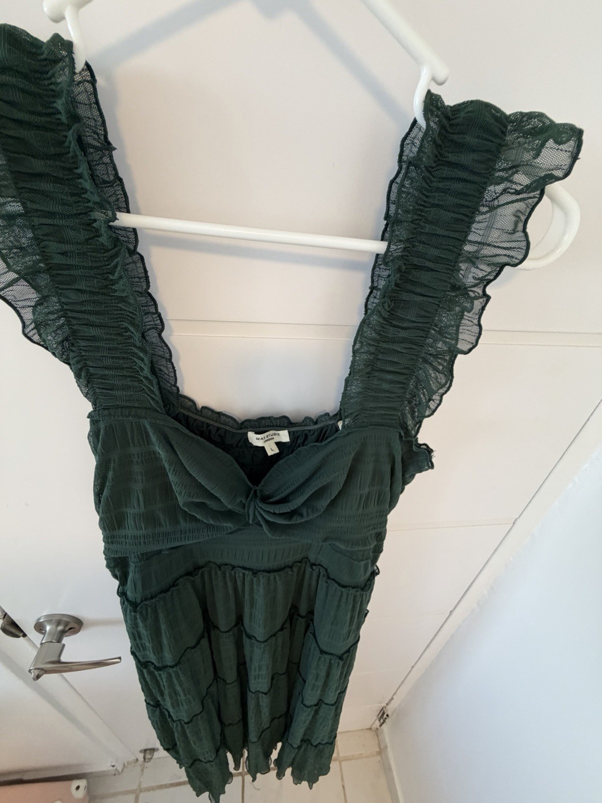 Max Studio Women’s Textured Mesh Cottagecore ruffle maxi BOHO Green Tiered lined