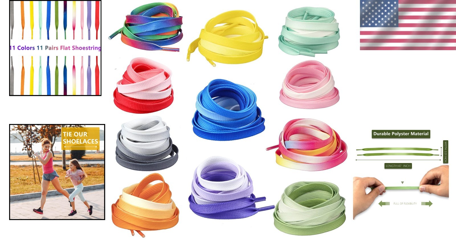 Colorful Flat Shoestrings Set 11 Pairs 47″ Random Color