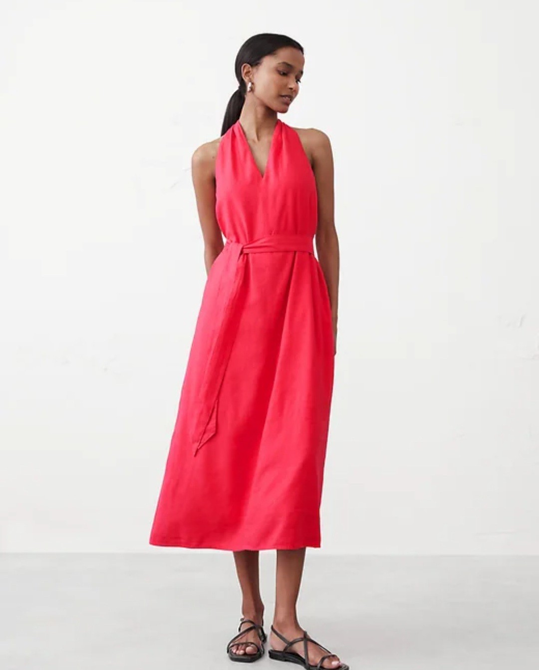Banana Republic Medium Linen Blend Twist Back Coral Gem Color Midi Dress NWT