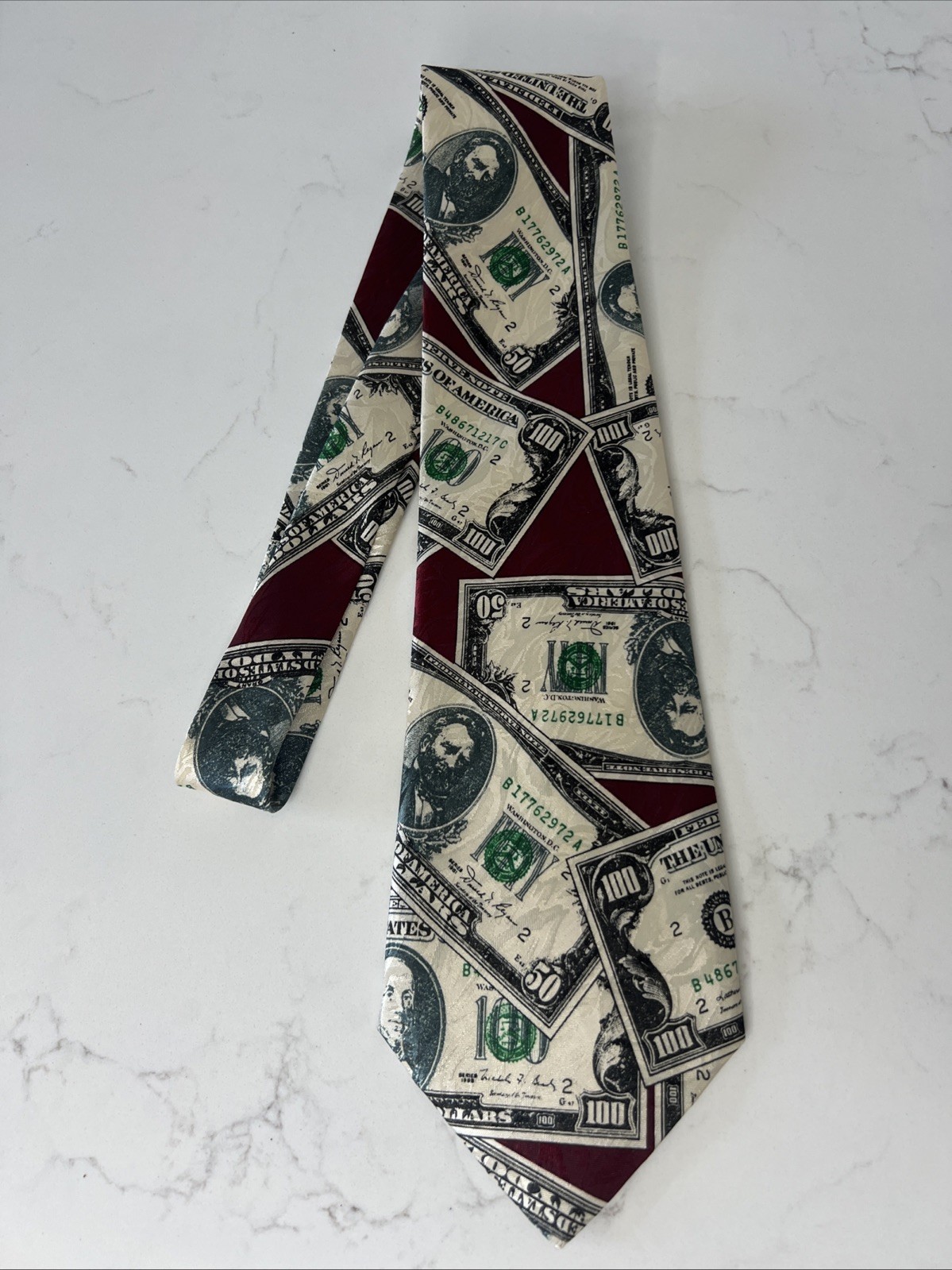 Large Bills Money Neck Tie Men’s Necktie Handmade Burgundy Red $100 $50