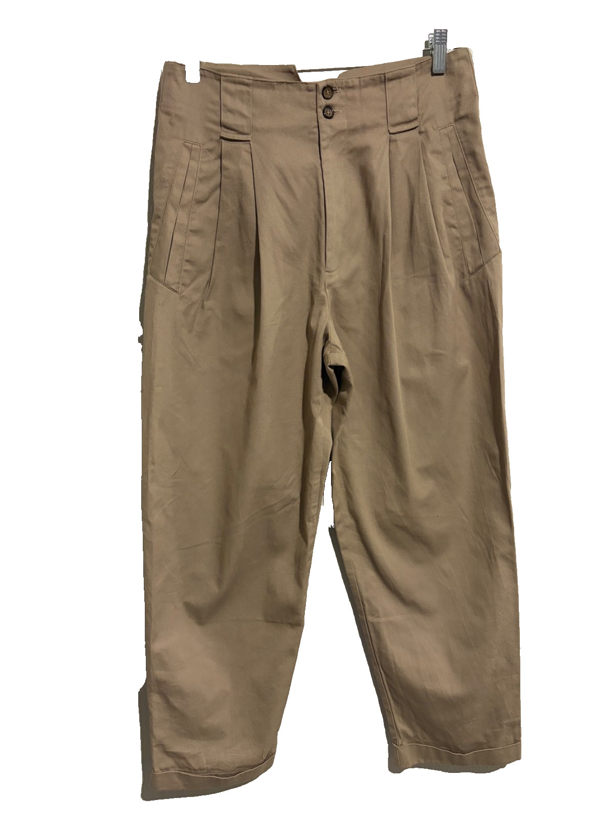 NA NIN Townes Cotton Twill Barrel Leg Trouser~M~Khaki Tan Pleated Cuffed Utility