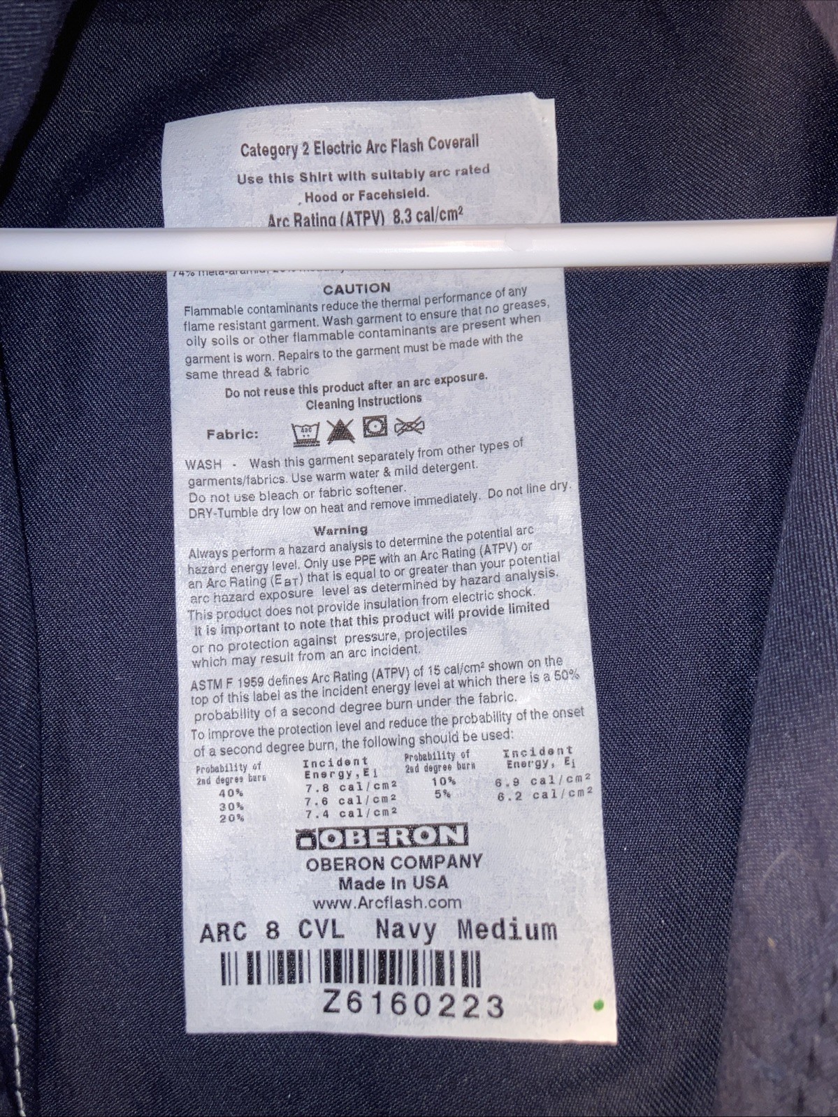 OBERON Category 2 Electric Arc Flash Coveralls Mens Medium M Navy 8.3cal/cm2