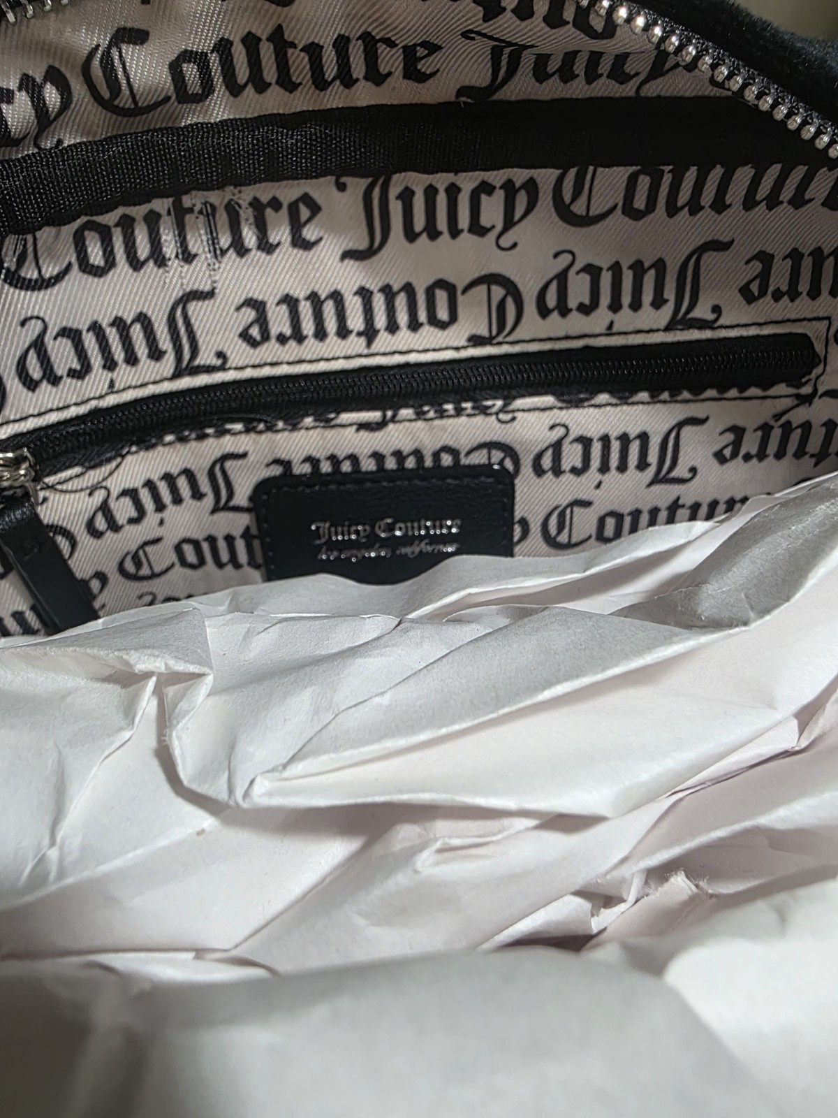 Juicy Couture Black Satchel Bow Charm Chain Strap Logo Accents Zip Closure