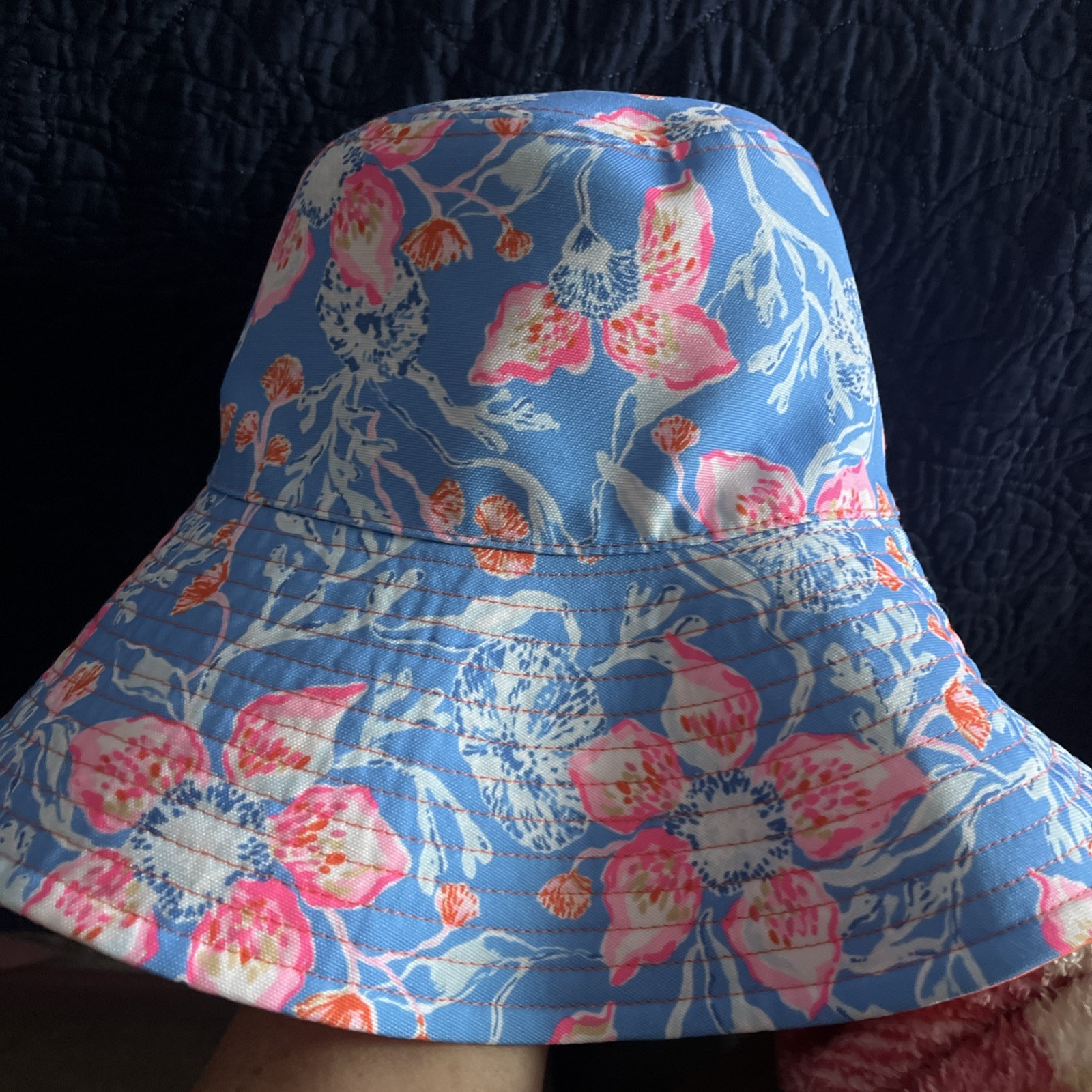 Lilly Pulitzer UPF 50+ Wide Brim Floral Sun Hat Blue Pink Orange Polyester Women