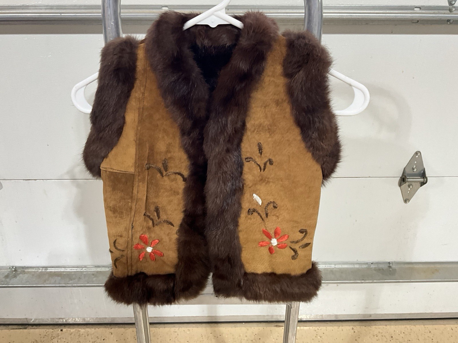 Vintage Kids Afghan Vest: embroidered suede leather, fur lining
