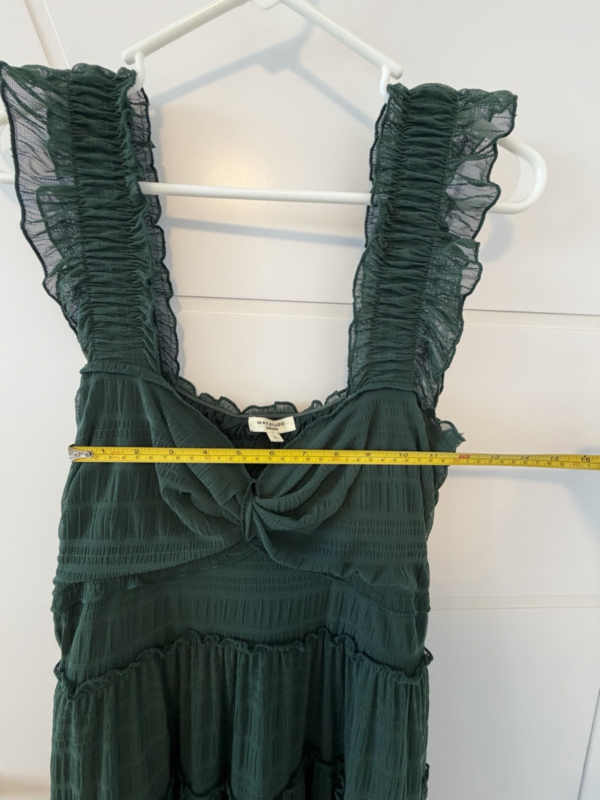 Max Studio Women’s Textured Mesh Cottagecore ruffle maxi BOHO Green Tiered lined