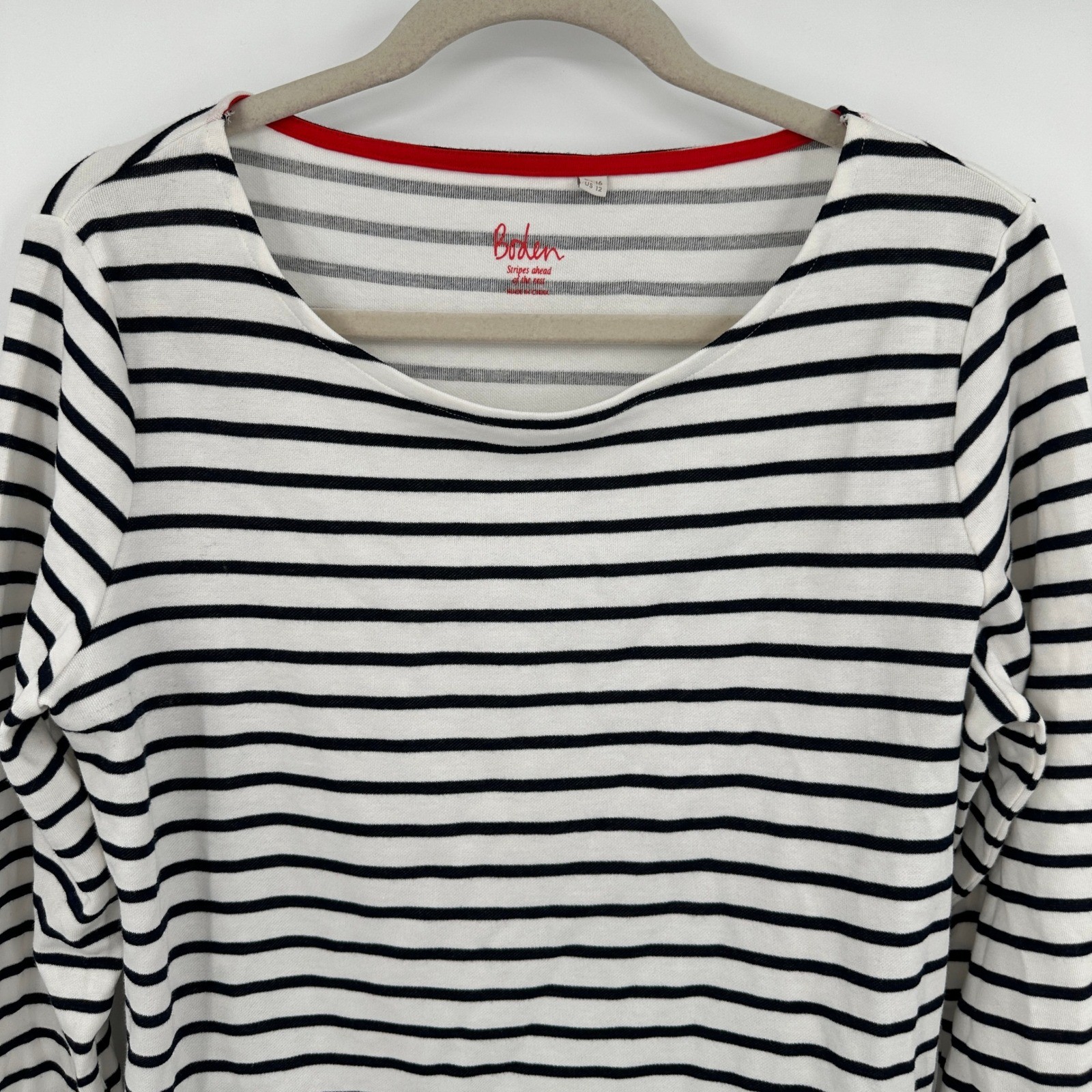 Boden Stripes Ahead Holiday Long Sleeve Top US 12 UK 16 Black White Red Green