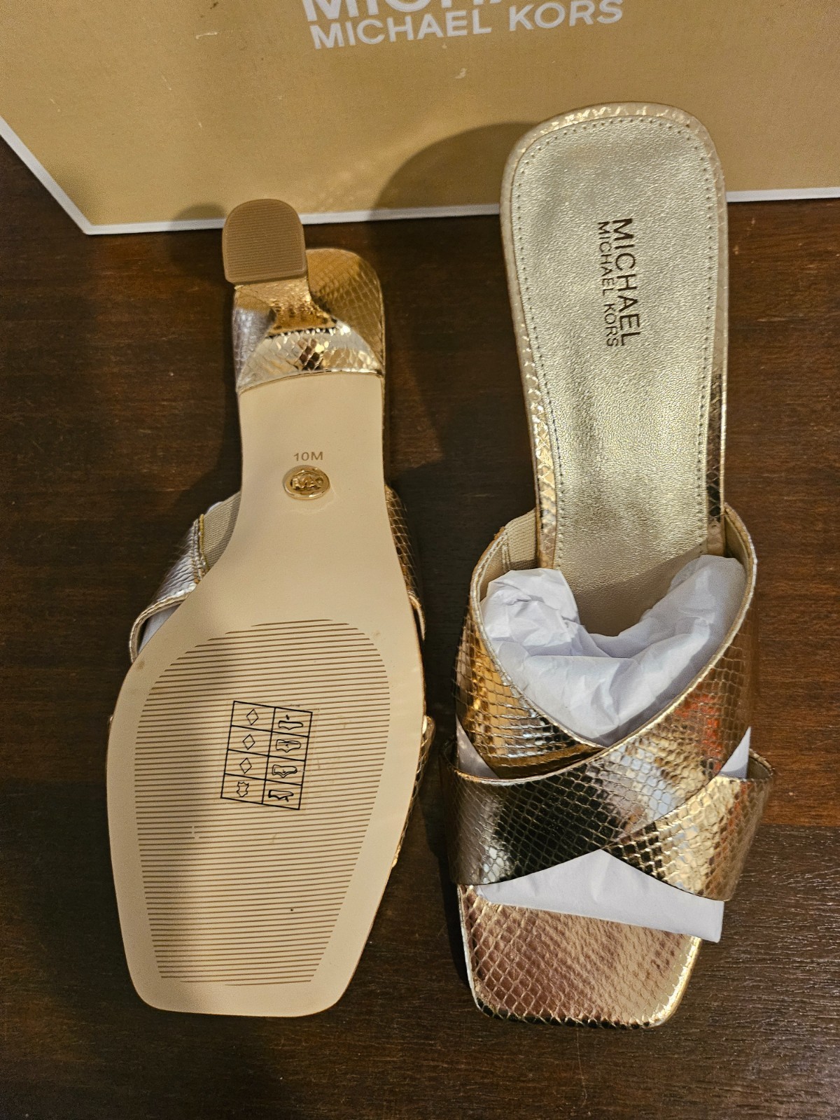 Michael Kors Clara Mule Square toe Sandals Gold Snake Skin leather New in box 10