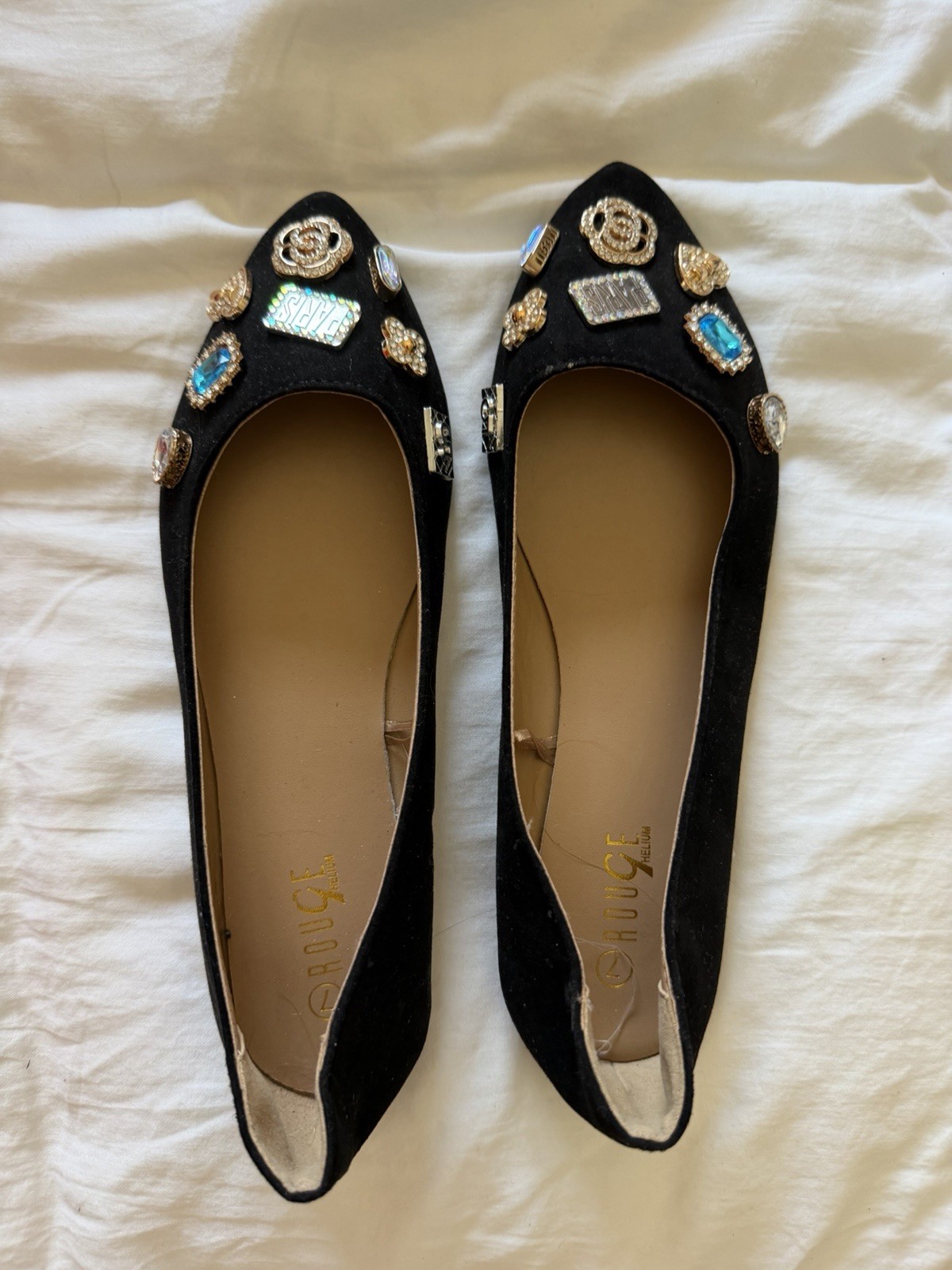 Rouge Black Velvet Pointed Toe Rhinestone Embellished Slip-On Flats 8