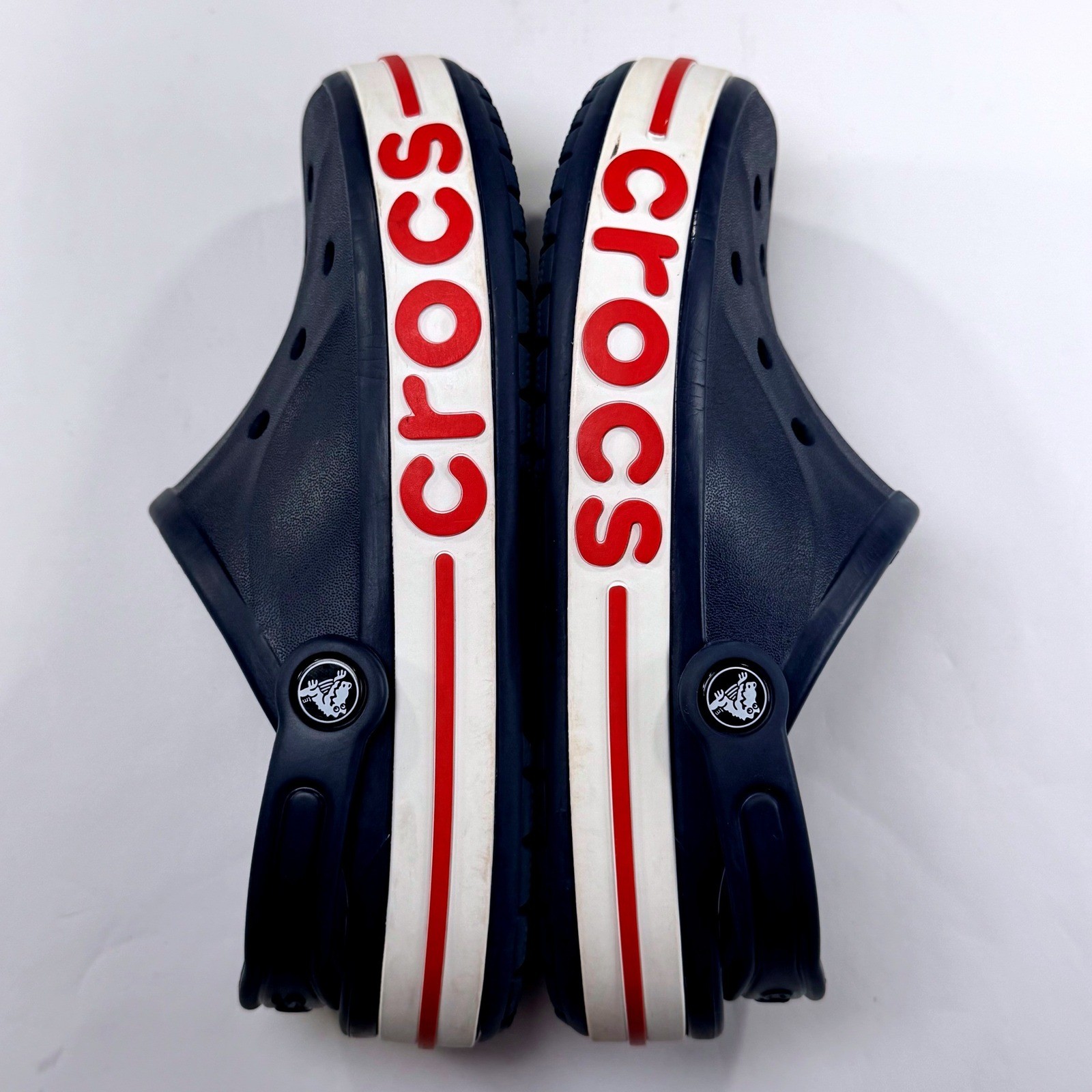 Crocs Bayaband Clogs Mens 5 Womens 7 Blue Red White Slip On Unisex Comfort Shoes