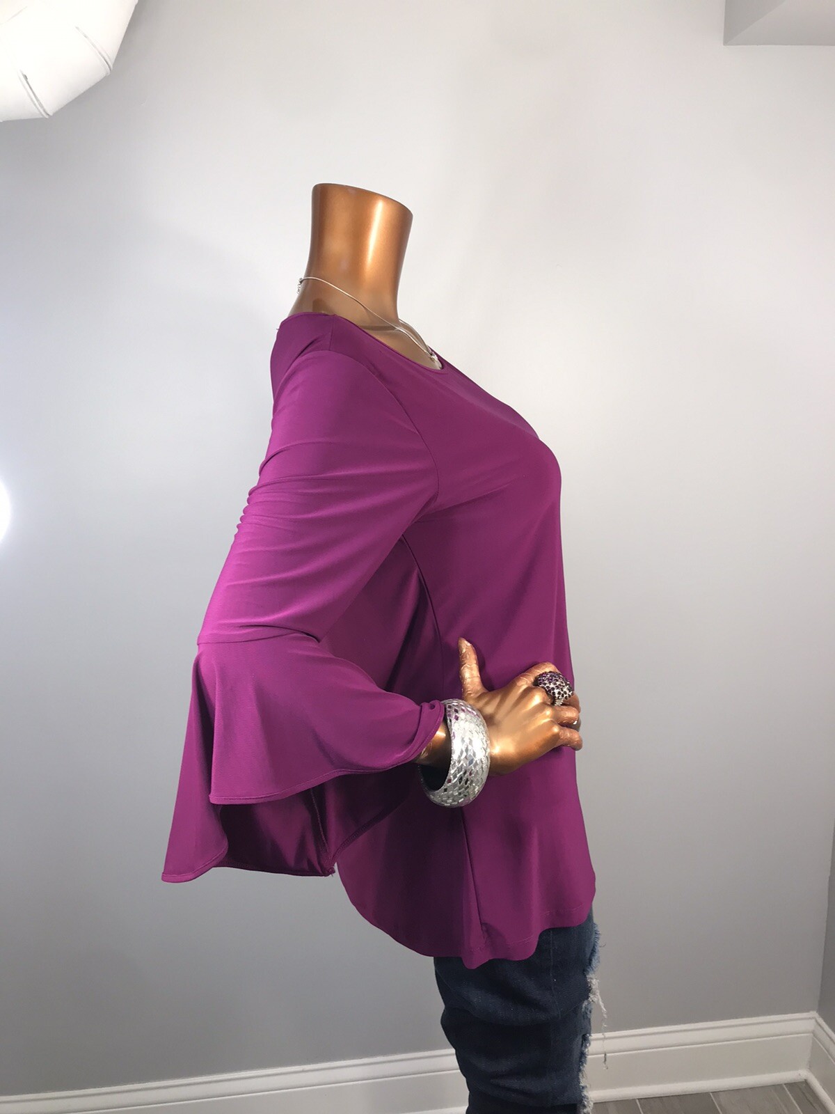 Women in Control M Top Stretch Soft Dark Magenta 3/4 Bell Sleeves Blouse Tunic