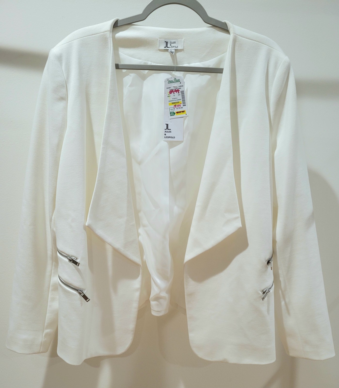 NWT Jules & Leopold Open-Style Zipper Detail White Blazer Fully Lined Size L