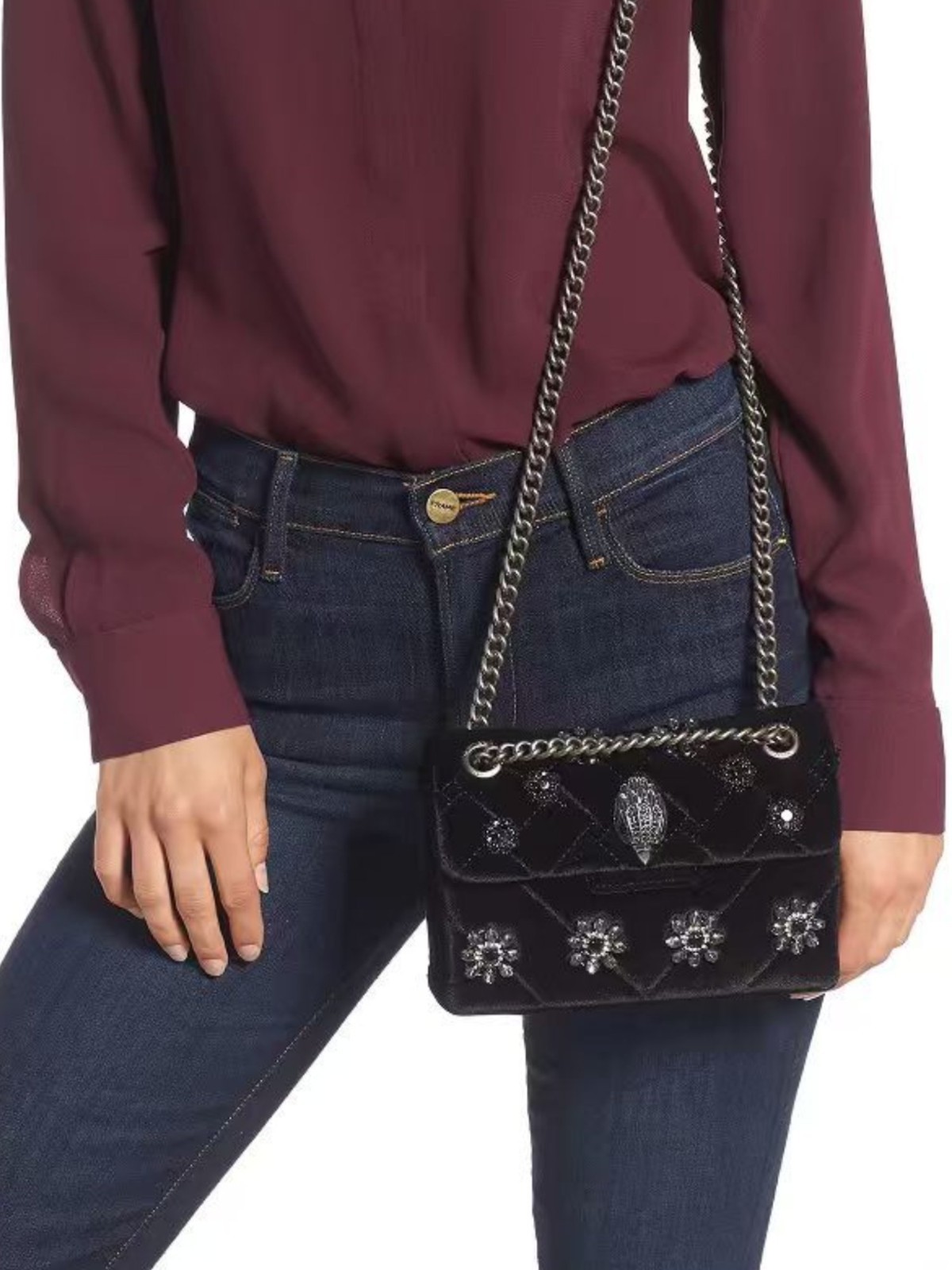 Kurt Geiger London Black Velvet Quilted Crossbody Silver Eagle Flower 20×8×15 cm