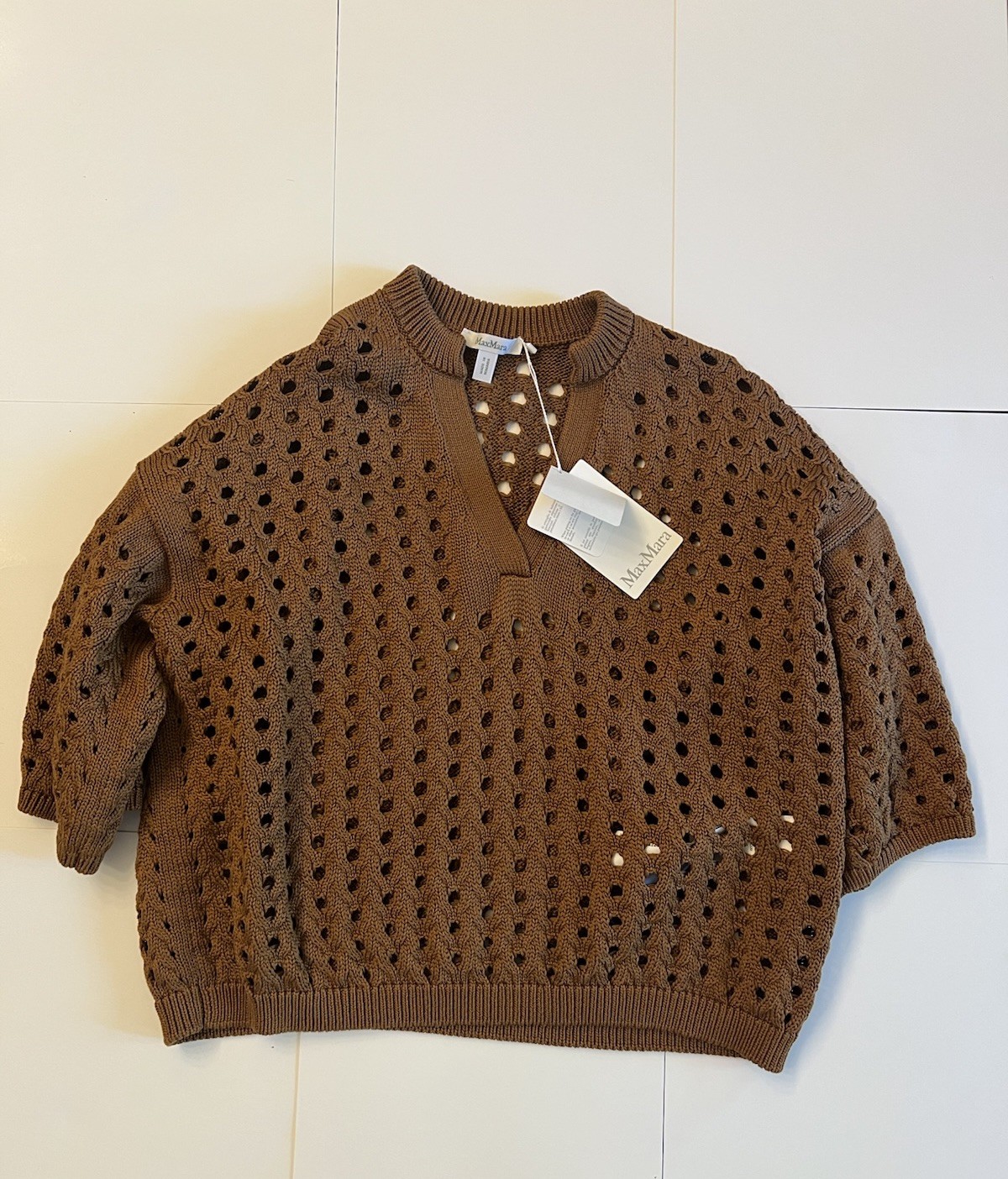 NWT Max Mara Ottuso Knit Cotton V-Neck Sweater Tobacco Size Large $765 Retail