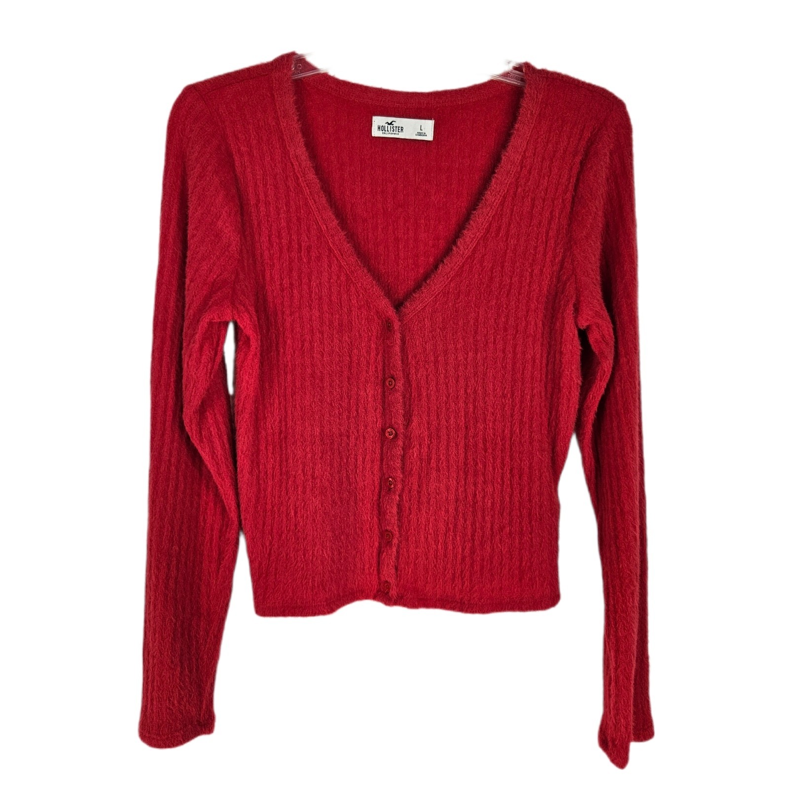 Hollister Cherry Red Cardigan Fuzzy Button Up V Neck Crop Large Holiday Preppy