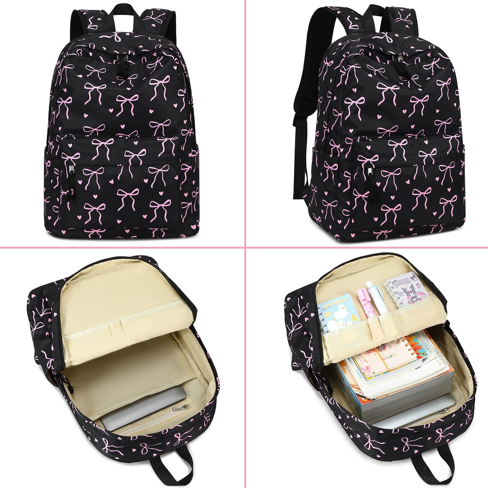 Cute Bow School Backpack For Teen Girls 15.6 Inch Laptop Bookbag Daypack Black