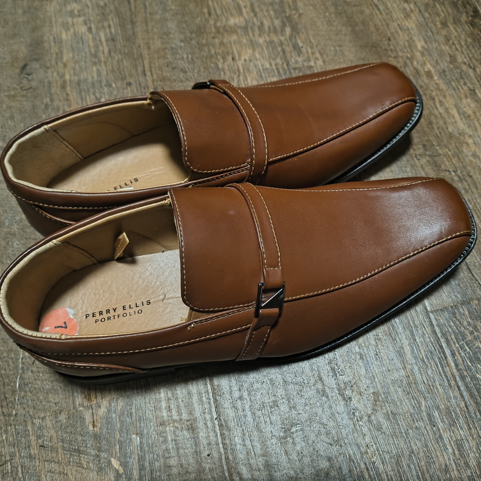 Perry Ellis Portfolio Men’s Brown Leather Monk Strap Buckle Square Toe US 7