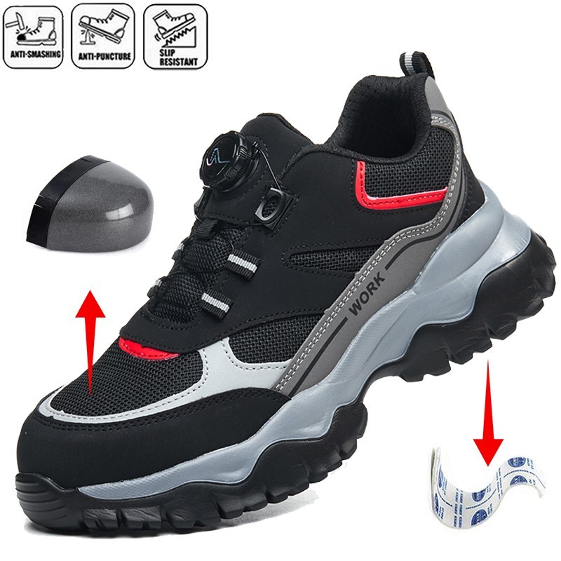 Men Construction Shoes Rotary Buckle Steel Toe Safety Work Shoes Indestructible
