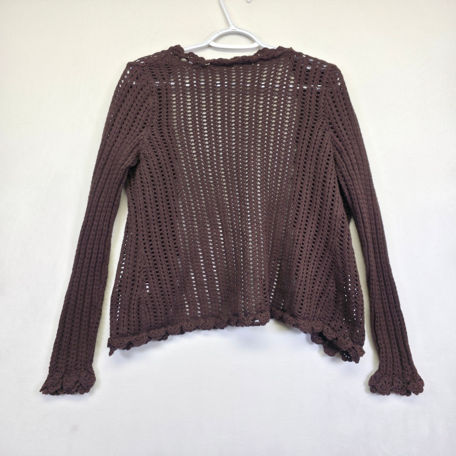Crochet Knit Cardigan Womens L Brown Open Ruffle Ribbed Layering Lounge Sweater