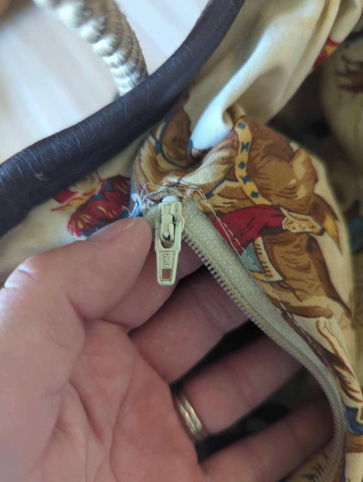 Vtg Cowhide Brown and White Leather Bag Rope Handle Western Very Unique Handmade