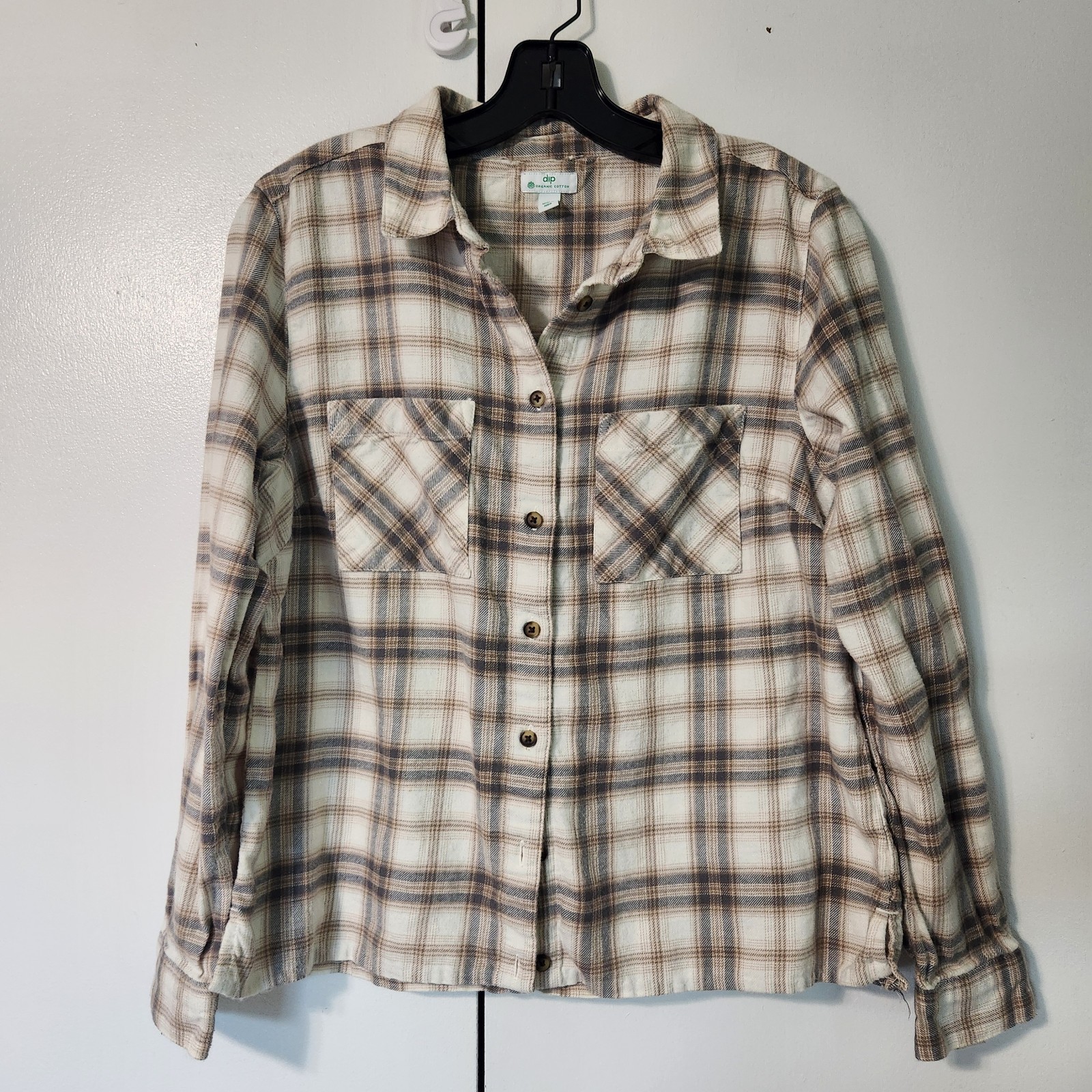 Dip Women’s Beige Brown Tan Plaid Flannel Button Up Shirt Organic Cotton Size M