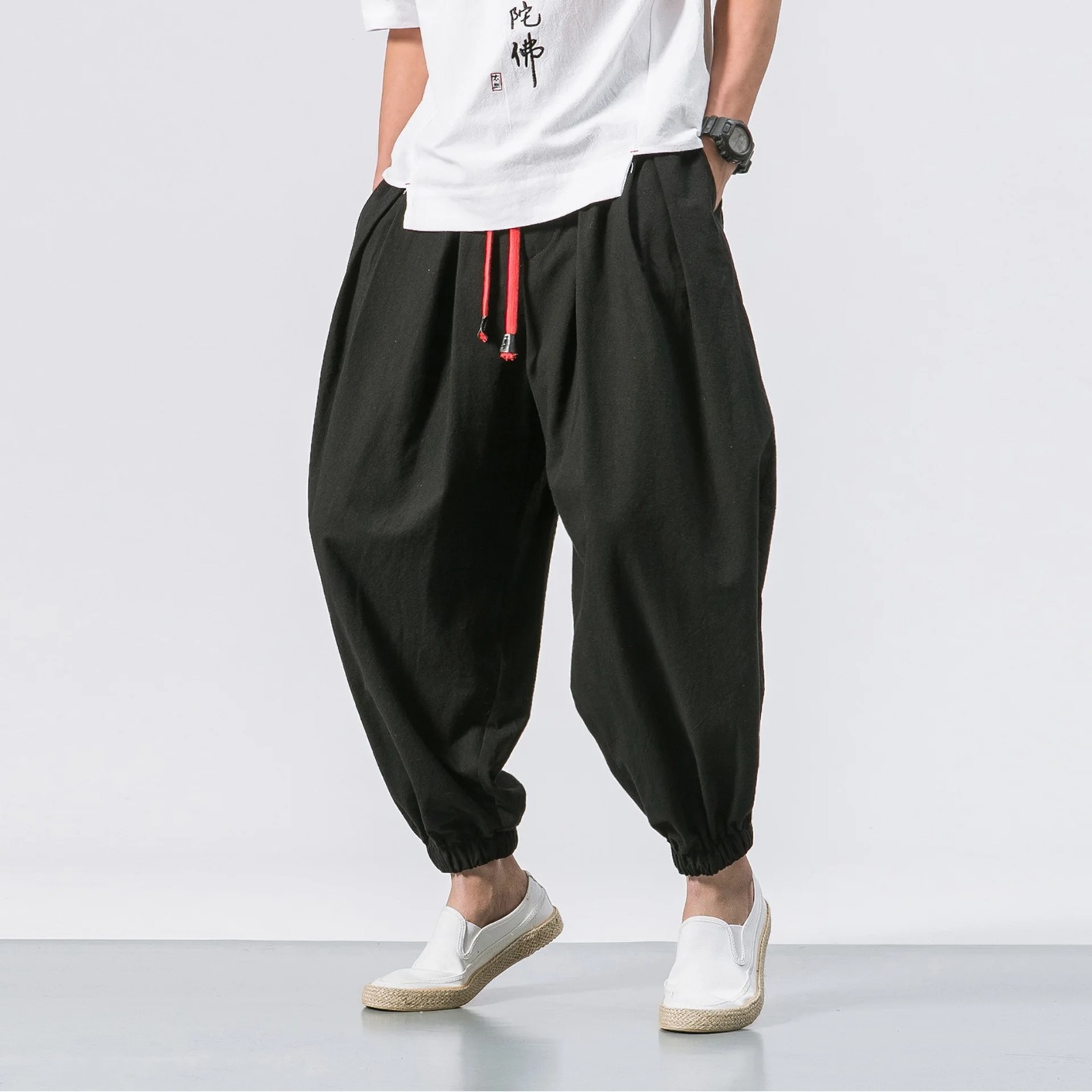 New Oversized Men Harem Pants Loose Chinese Style Cotton Linen Sweatpants Breath
