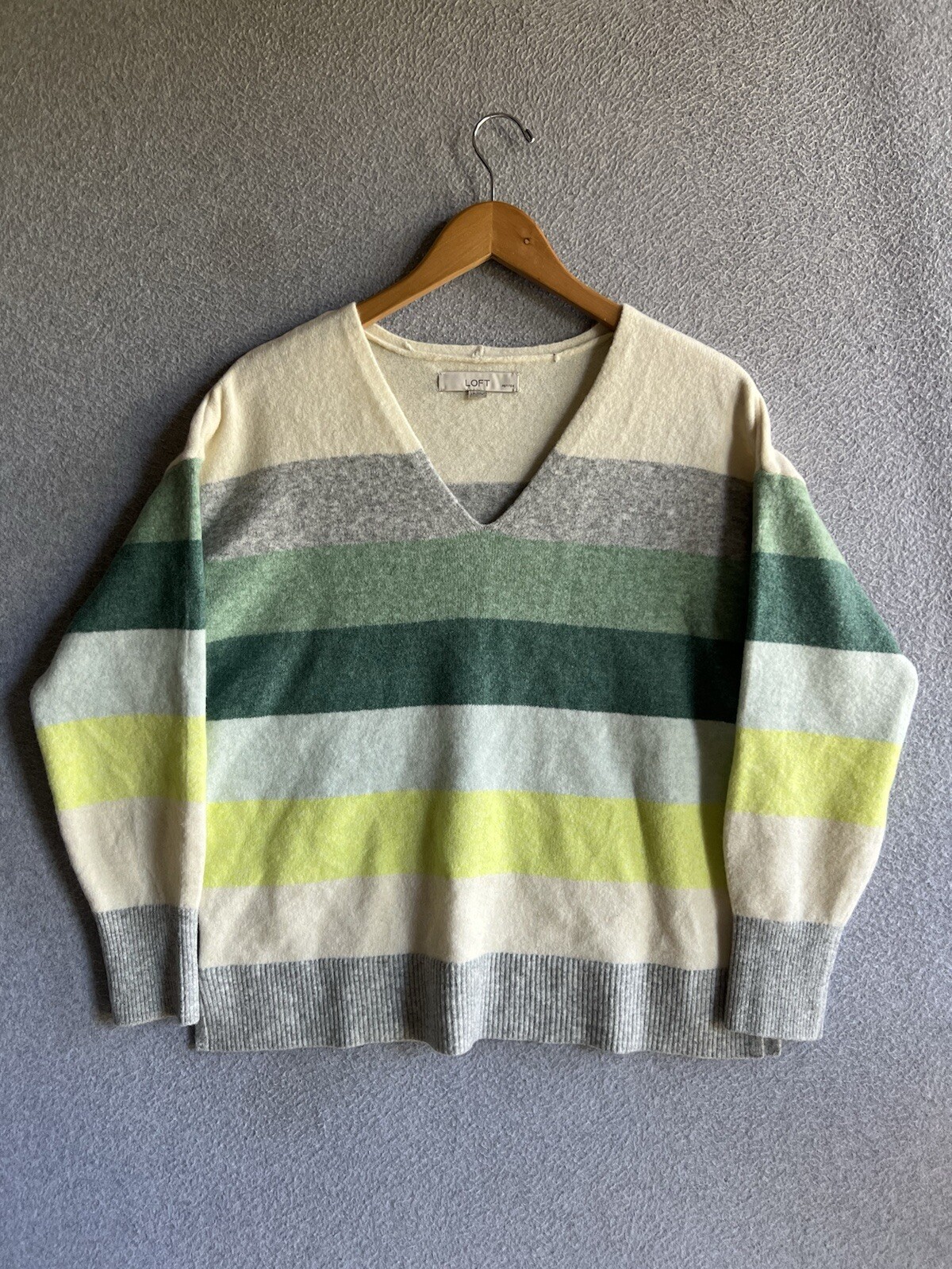 Loft Sweater Womens LP Striped Colorblock V-Neck Wool Blend Academia Preppy