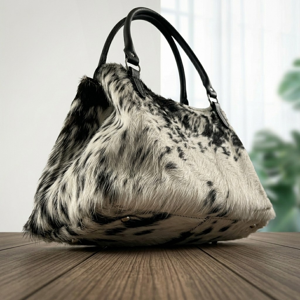 Genuine Cowhide Leather Tote Bag Handmade Brown & White Hair-On Purse new style