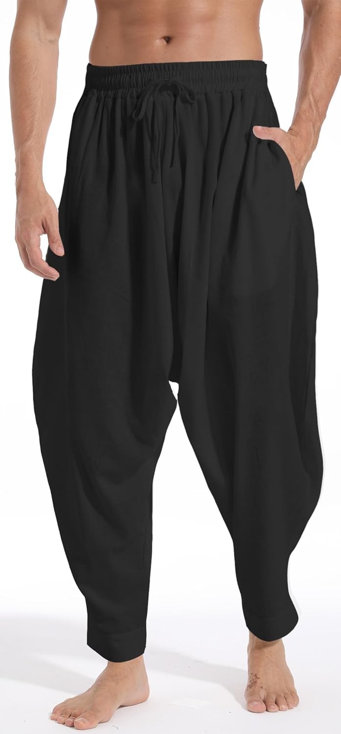 Men’s Harem Pants Baggy Casual Elastic Waist Drawstring Boho Hippie Lounge