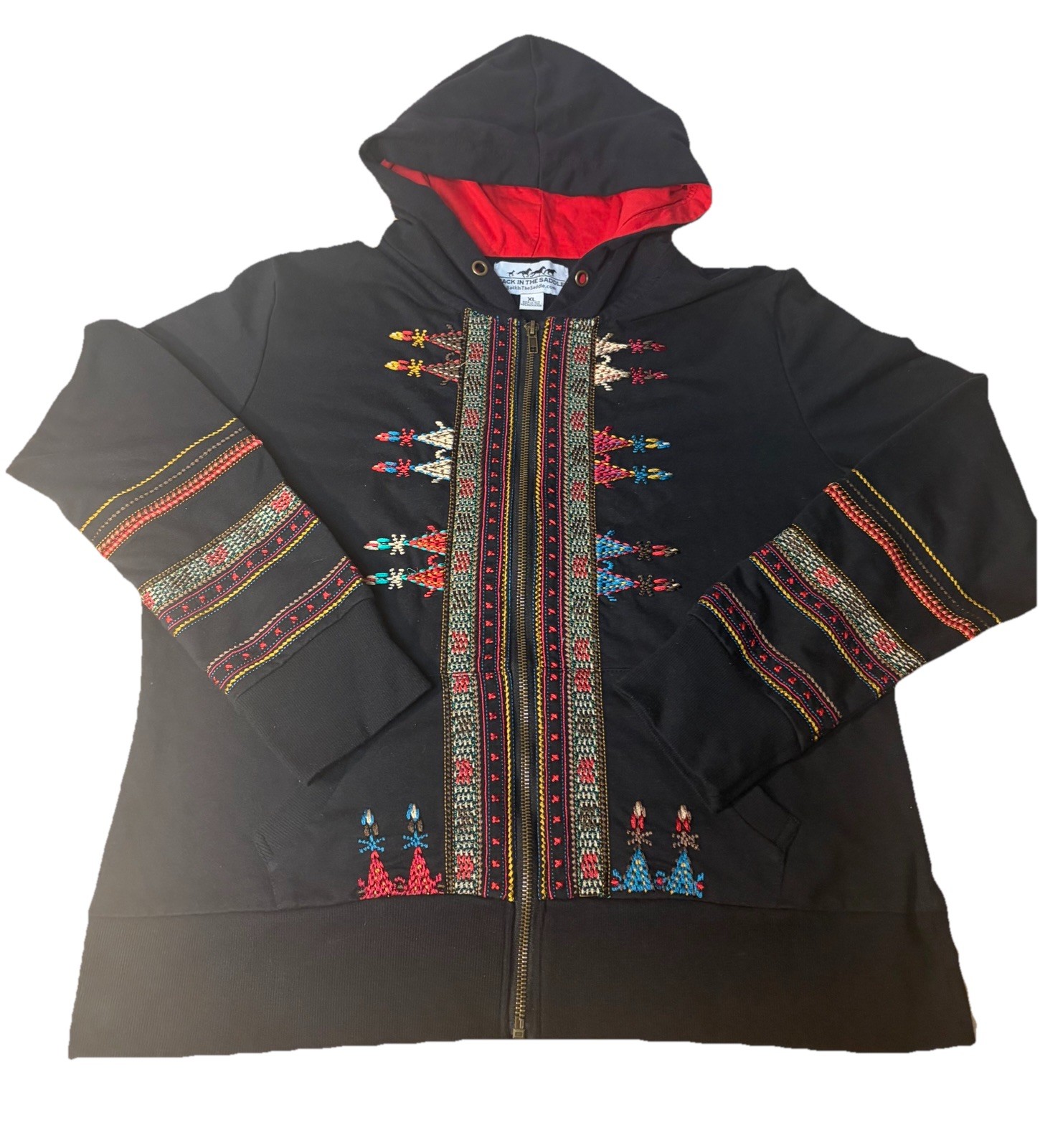 Back In The Saddle Womens XL Black Embroidered Southwestern Hoodie Boho Cowgirl