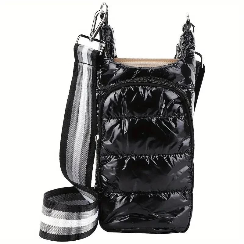 Quilted Puffer Crossbody Bag Black Adjustable Strap Nylon Water Bottle Phone