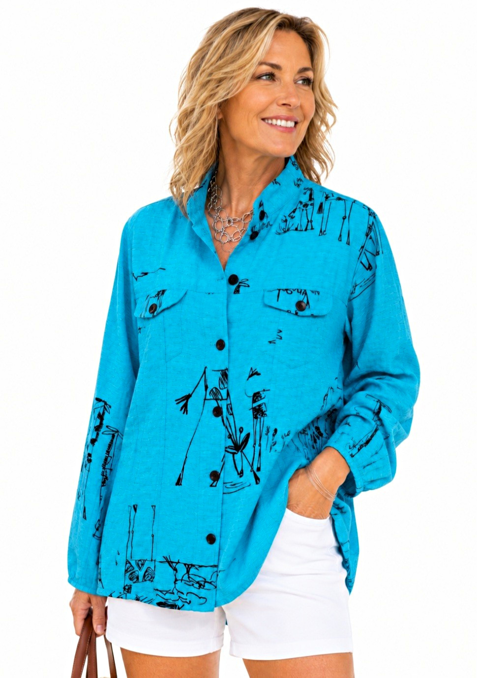 Chico’s Large Silk Linen Blend Safari Giraffe Print Jacket Shirt Turquoise Art