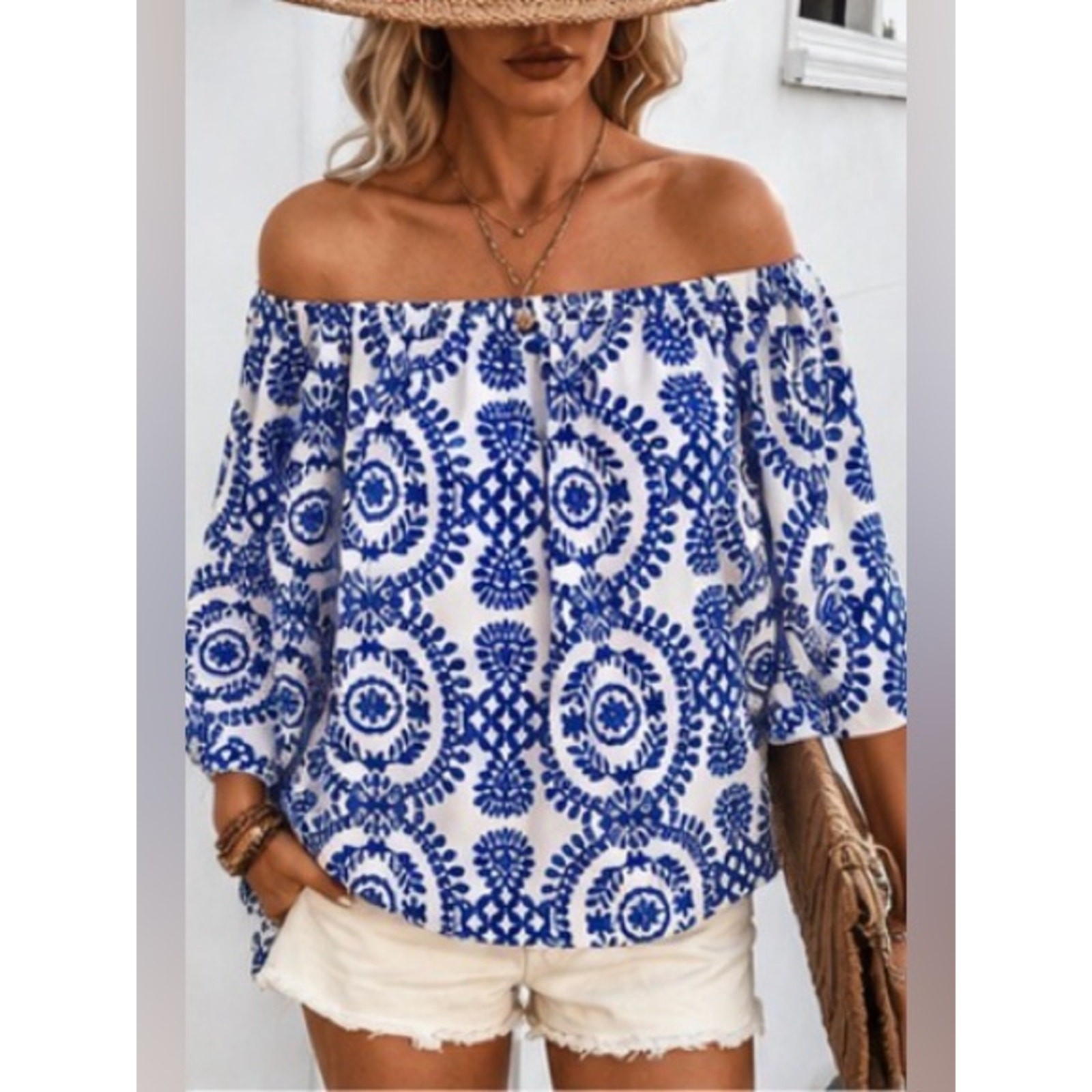 Blue & White Boho Off Shoulder Bell Sleeve Top | Size Medium |