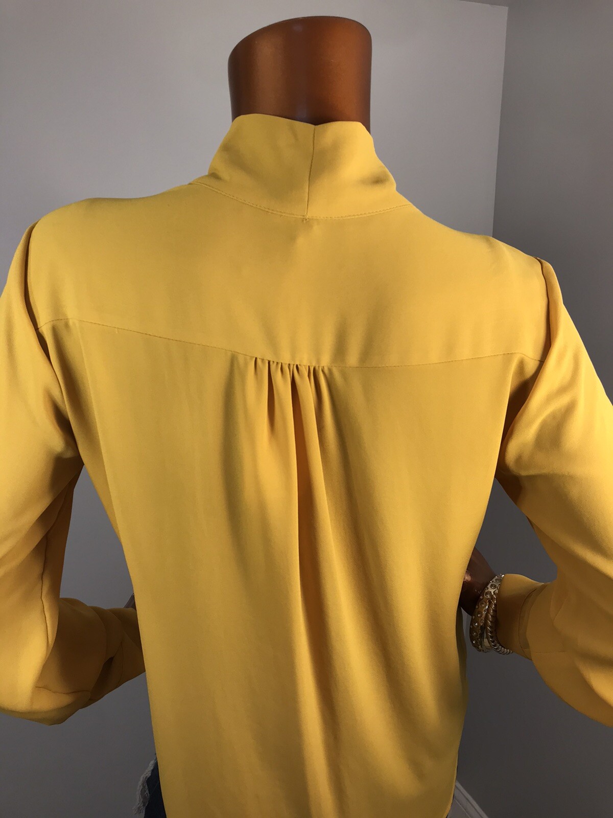 Pleione S Top Mustard Long Slvs Low V Cut Crossbody Blouse NWT High Low