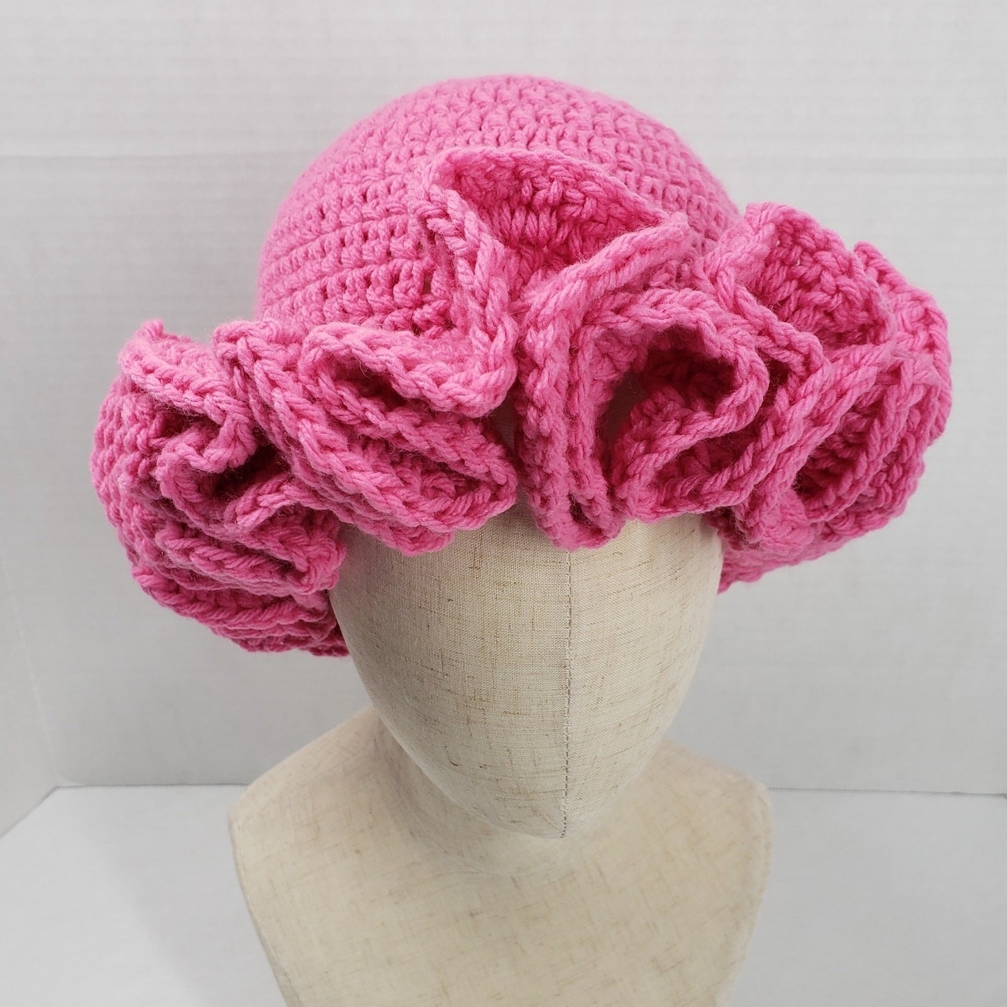 Handmade Crochet Ruffle Hat Pink Statement Bonnet Cozy Winter Unique Artisan
