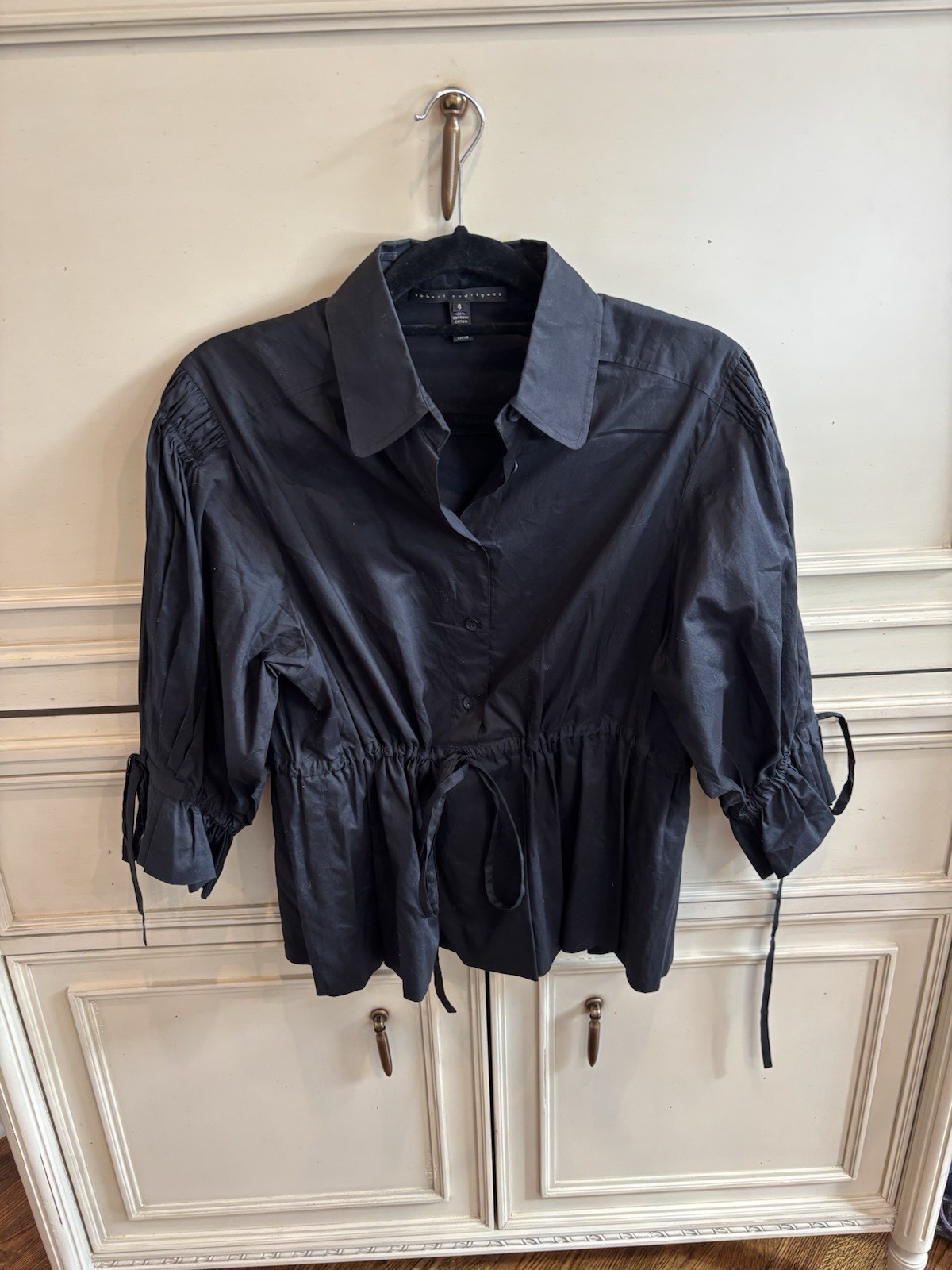 Robert Rodriguez Black Poplin Collared Blouse Size 6 100% Cotton Pleated