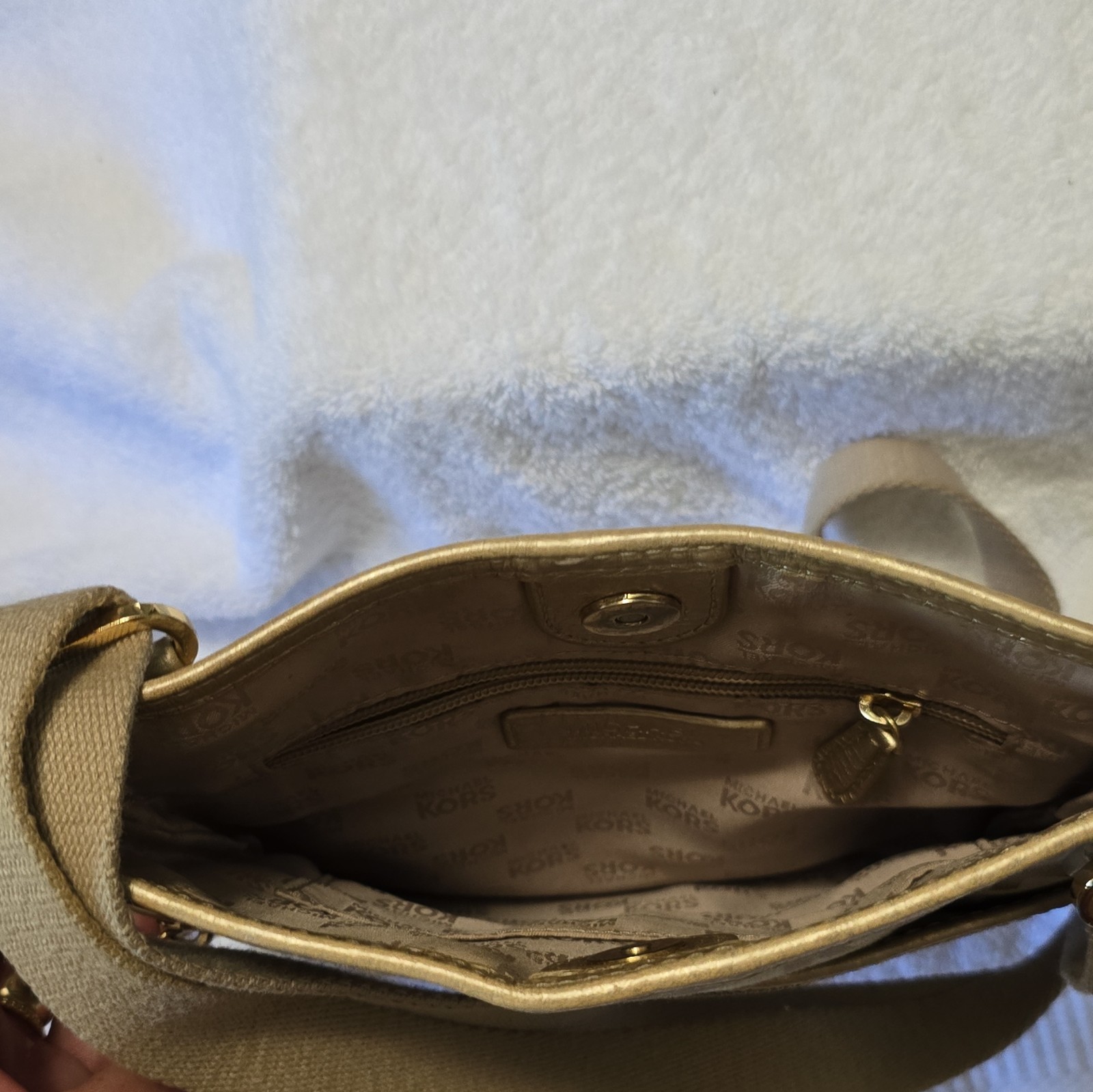 Michael Kors Beige MK Monogram Small Crossbody Bag Zip Pocket Gold Hardware