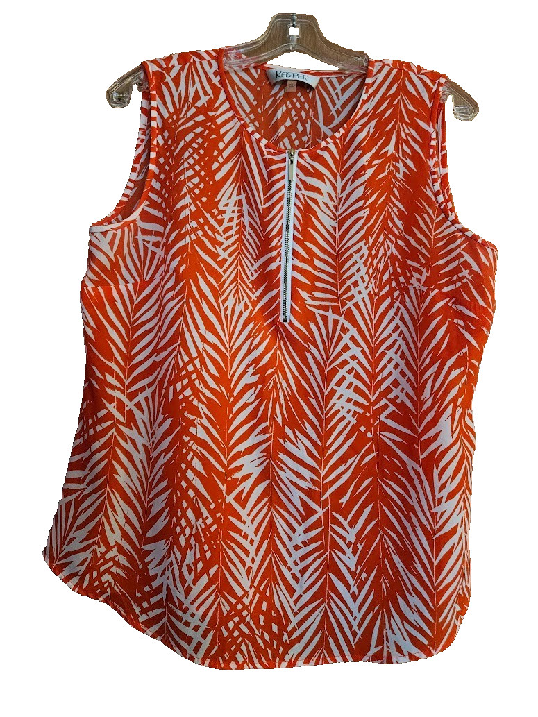 Kasper Orange & White Palm Leaf Print Sleeveless Blouse w/Gold Zipper – Size L