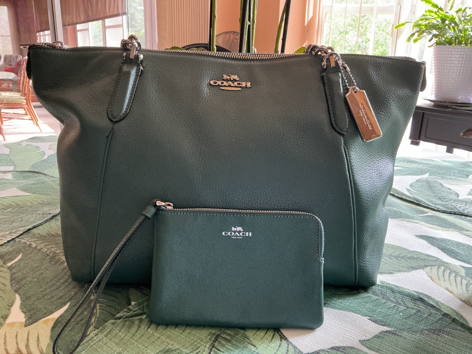 Coach Ava Chain Tote Pebble Leather Chain Forest Green F87775 MSRP $398 +