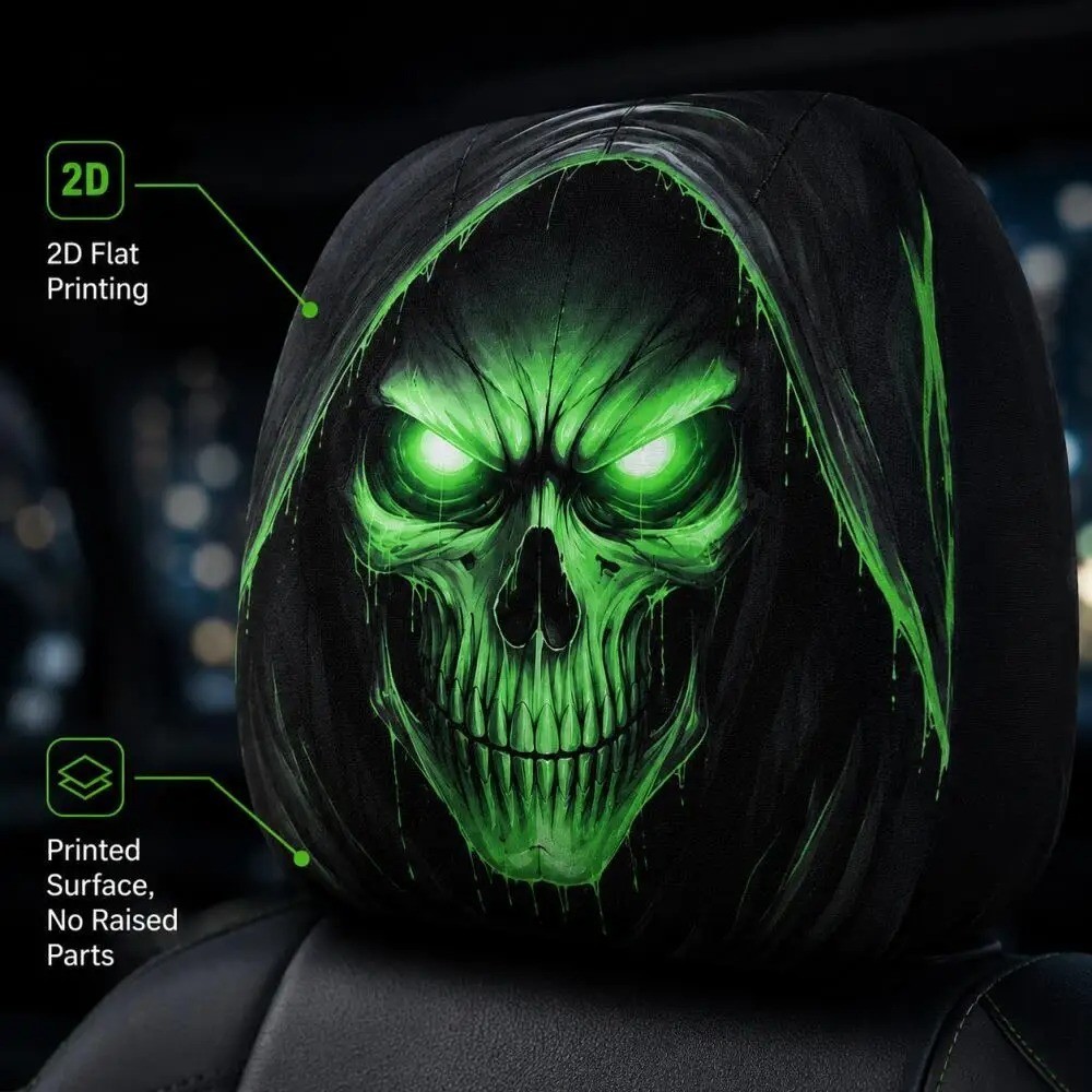 2x Green Glow Grim Reaper Skull Car Headrest Cover Hooded 2D Print Universal Fit