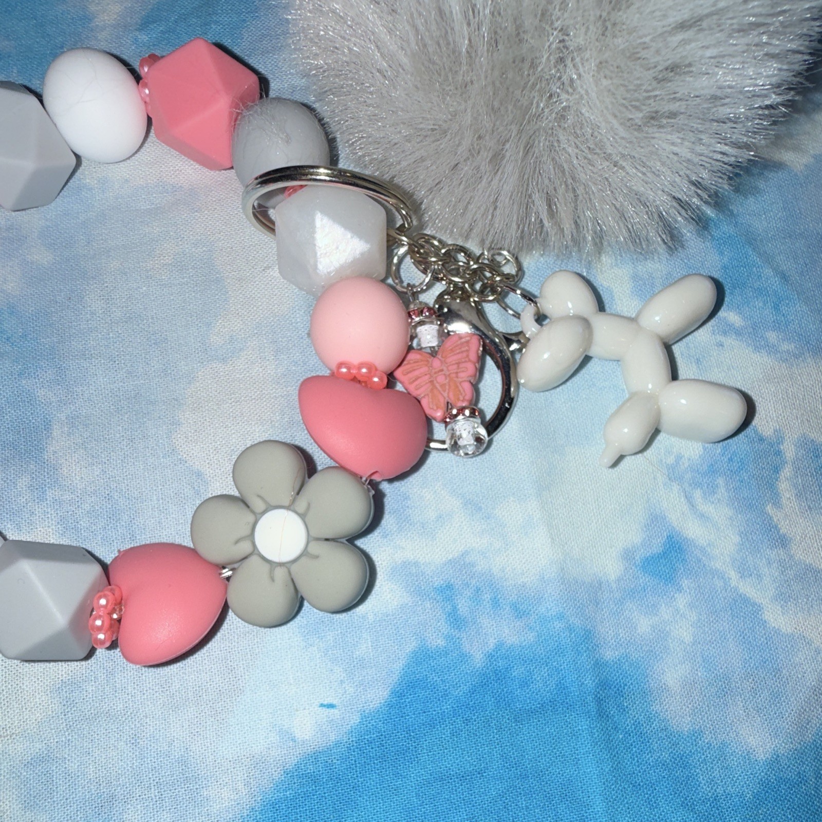 Pink/Gray/White Beaded Wristlet Key Chain/Bag Charm w/Pom Pom & Clip