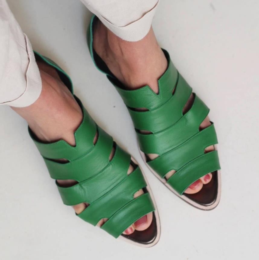 Women’s PU Leather Pointed Peep Toe Summer Sandals Hollow Breathable Shoes Flat