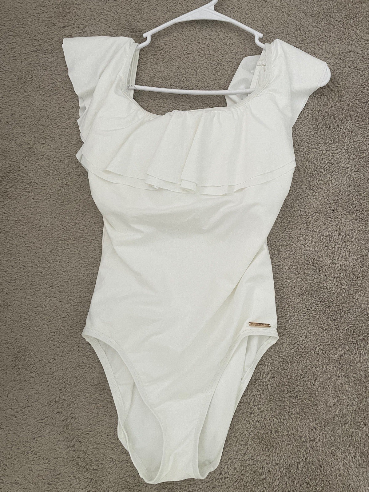 Michael Kors White One-Piece Swimsuit Ruffle Off Shoulder Women’s Size 10