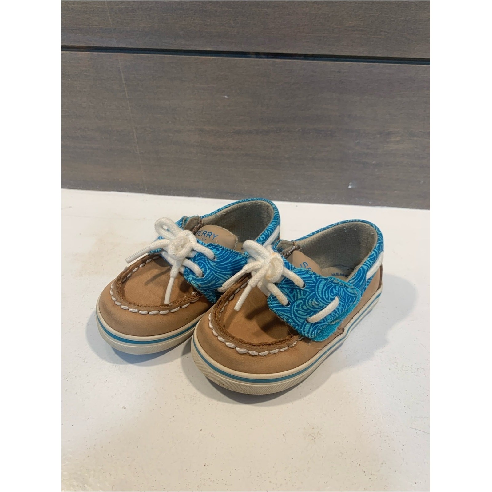 Sperry Topsiders Baby Girls Loafers Brown Blue Print Size 4M Preppy Boating