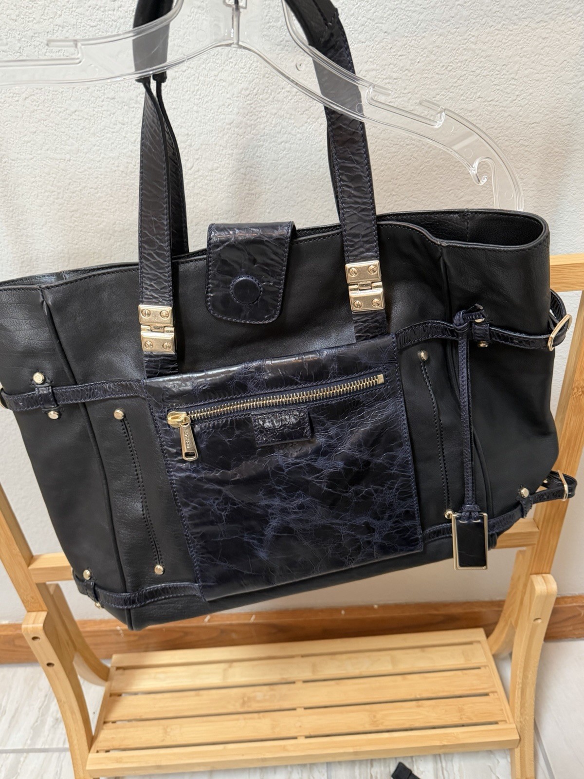 GRYSON Black Leather Tote Bag, Gold Hardware, Zipper & Studded Accents