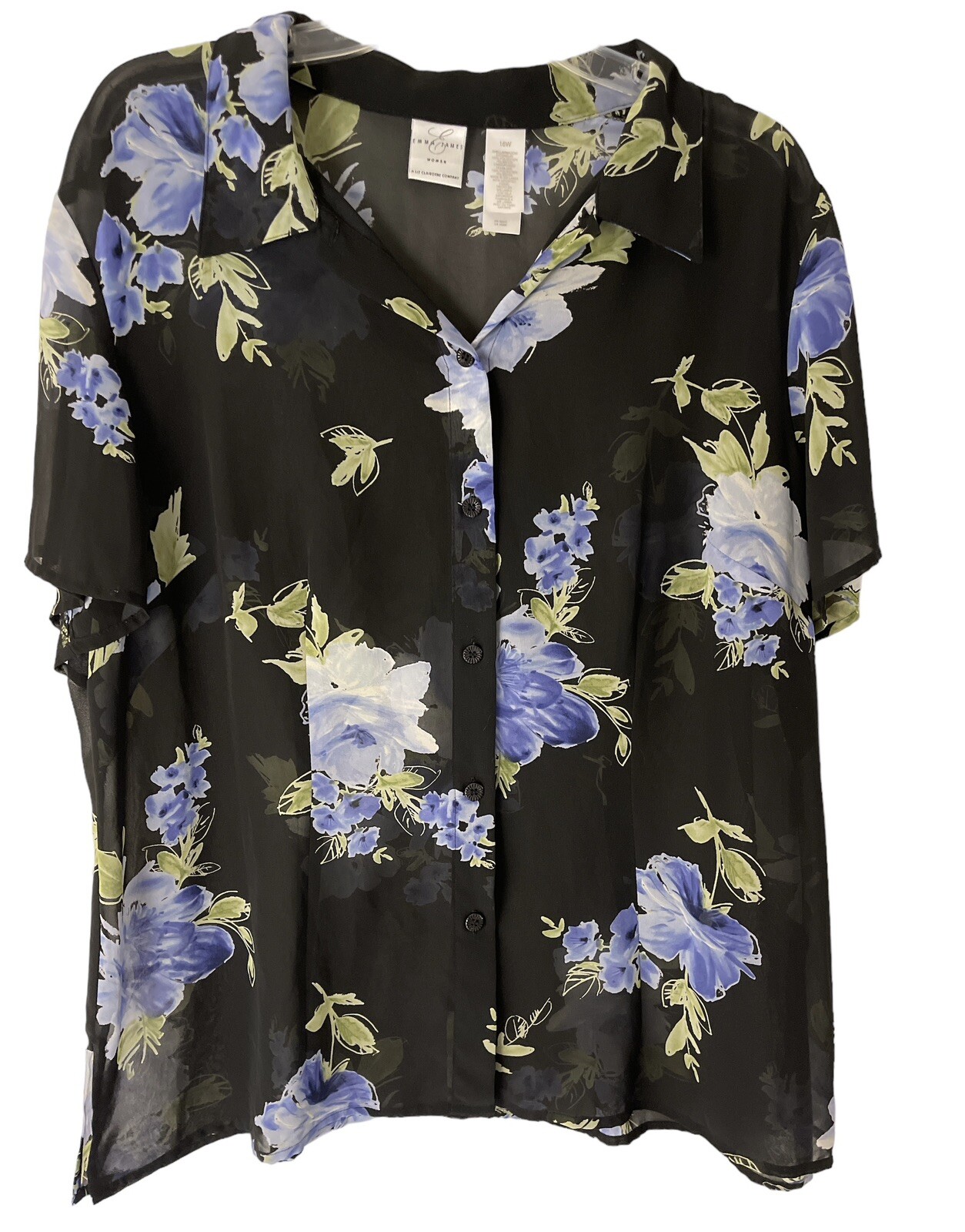 Emma James Top Womens 16W Floral Black Short Sleeves Button Up Blouse Semi-Sheer