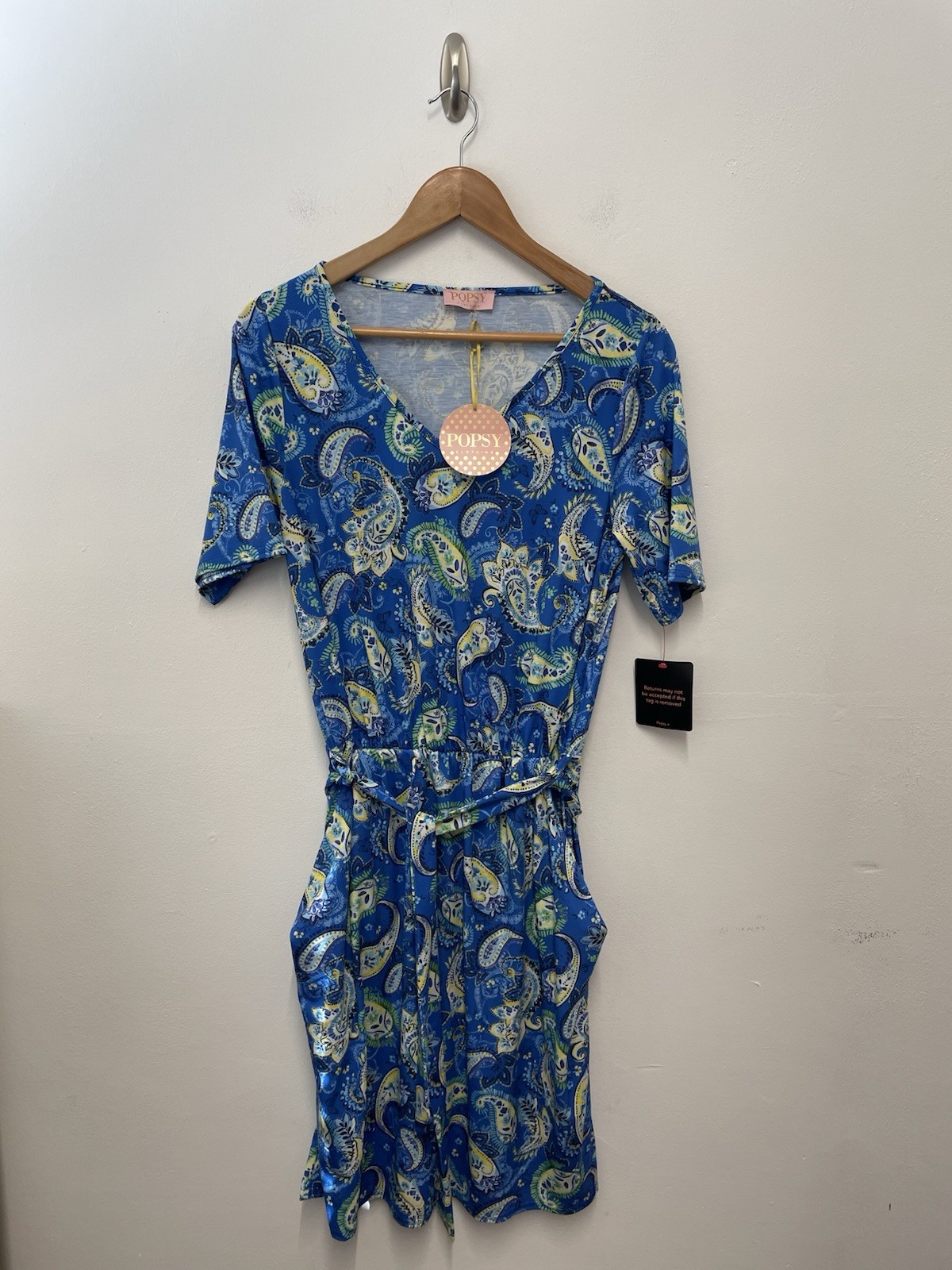 Popsy Tinsley Paisley Print Dress Size 14 Blue Short Sleeve Belted Pockets BNWT