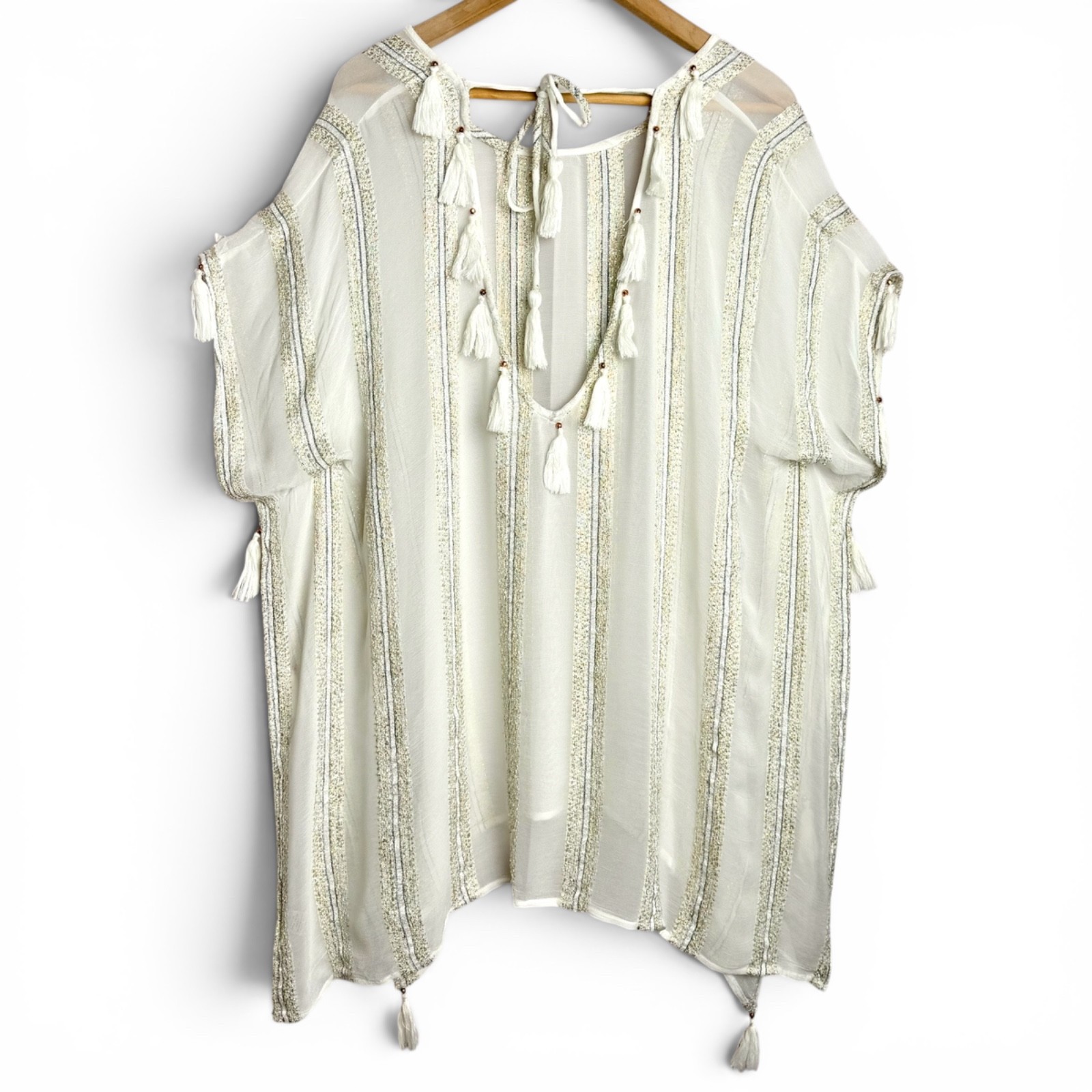 surf gypsy cream boho kaftan tassel cover up coastal resort beach vacation top s