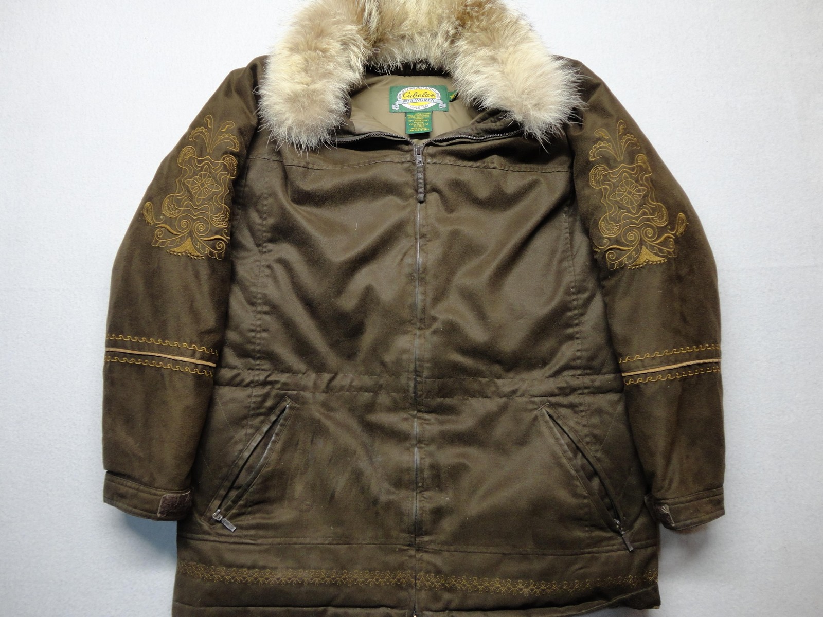 Cabela’s Coat Womens Medium Aztec Y2K Brown Down Parka Embroidered Fur Trim Warm