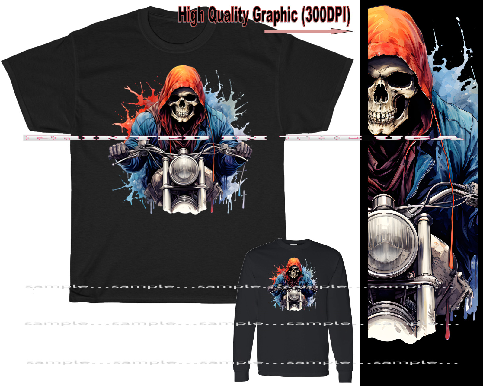 Skeleton Evil Motorcycle Biker Rider Forward Watercolor Art Black T Shirt S-5X